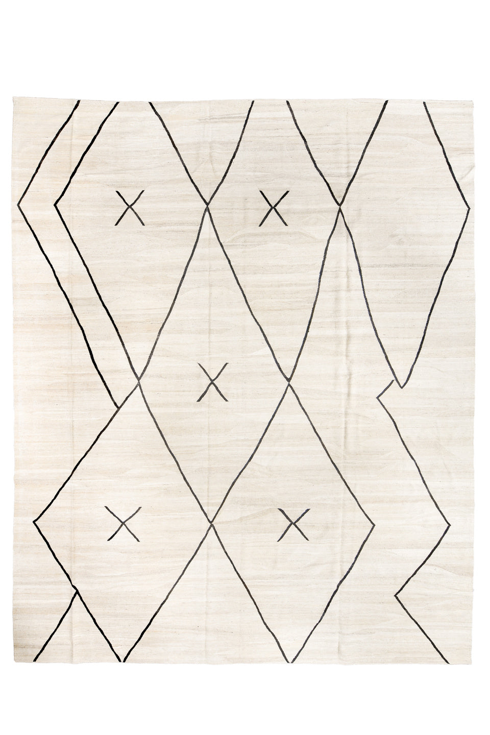 12' x 15' one-of-a-kind handmade vintage Kilim oversize rug. Color palette: antiquewhite, black, brown, charcoal, dark gray