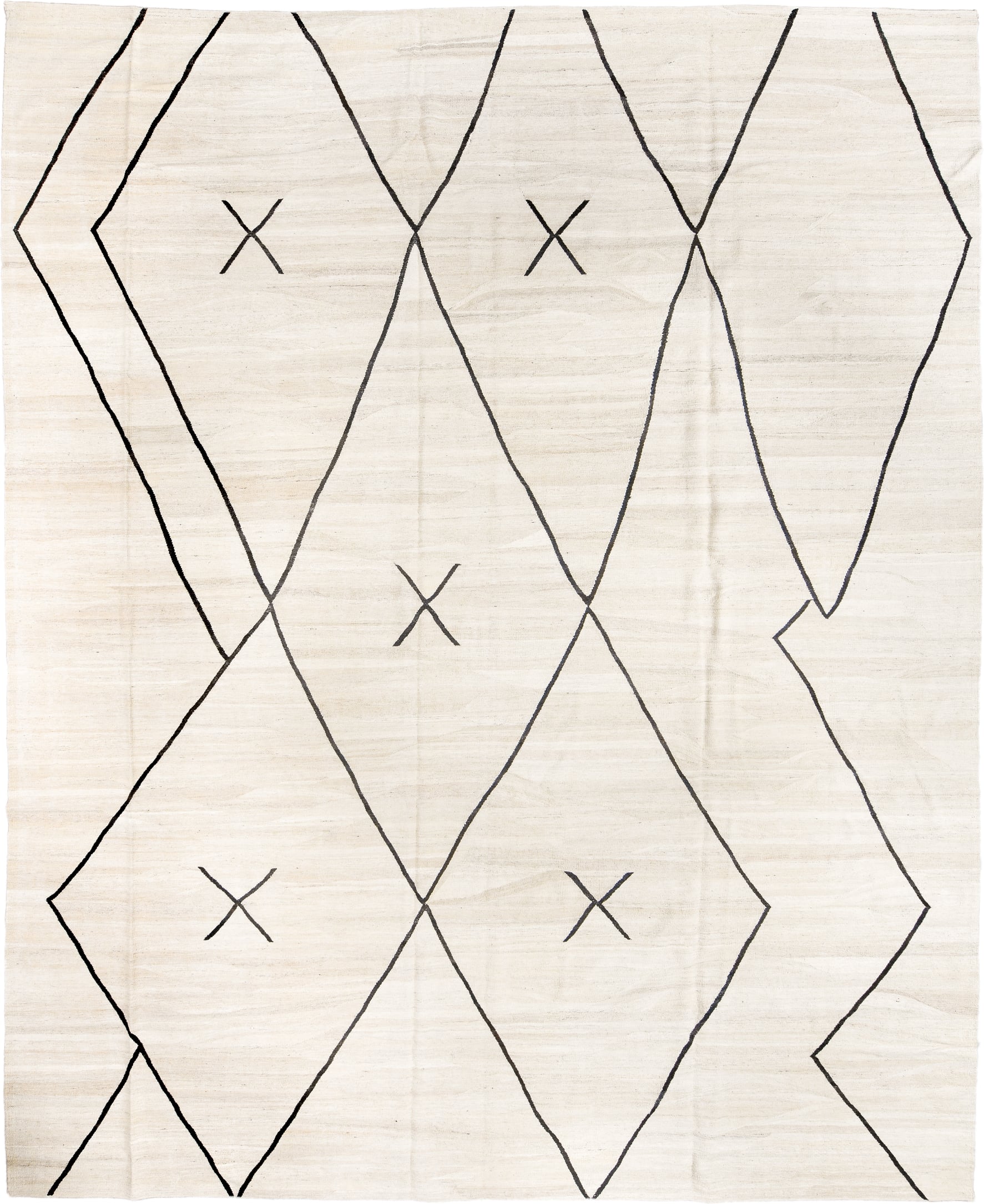 12' x 15' one-of-a-kind handmade vintage Kilim oversize rug. Color palette: ivory, charcoal, cream, gray, black