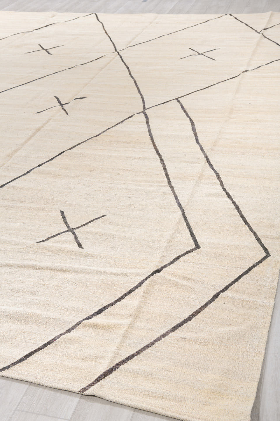 12' x 15' one-of-a-kind handmade vintage Kilim oversize rug. Color palette: ivory, charcoal, cream, gray, black