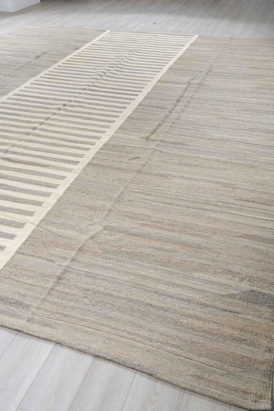 13' x 15' one-of-a-kind handmade vintage Kilim oversize rug. Color palette: taupe, ivory, gray, cream, greige, charcoal