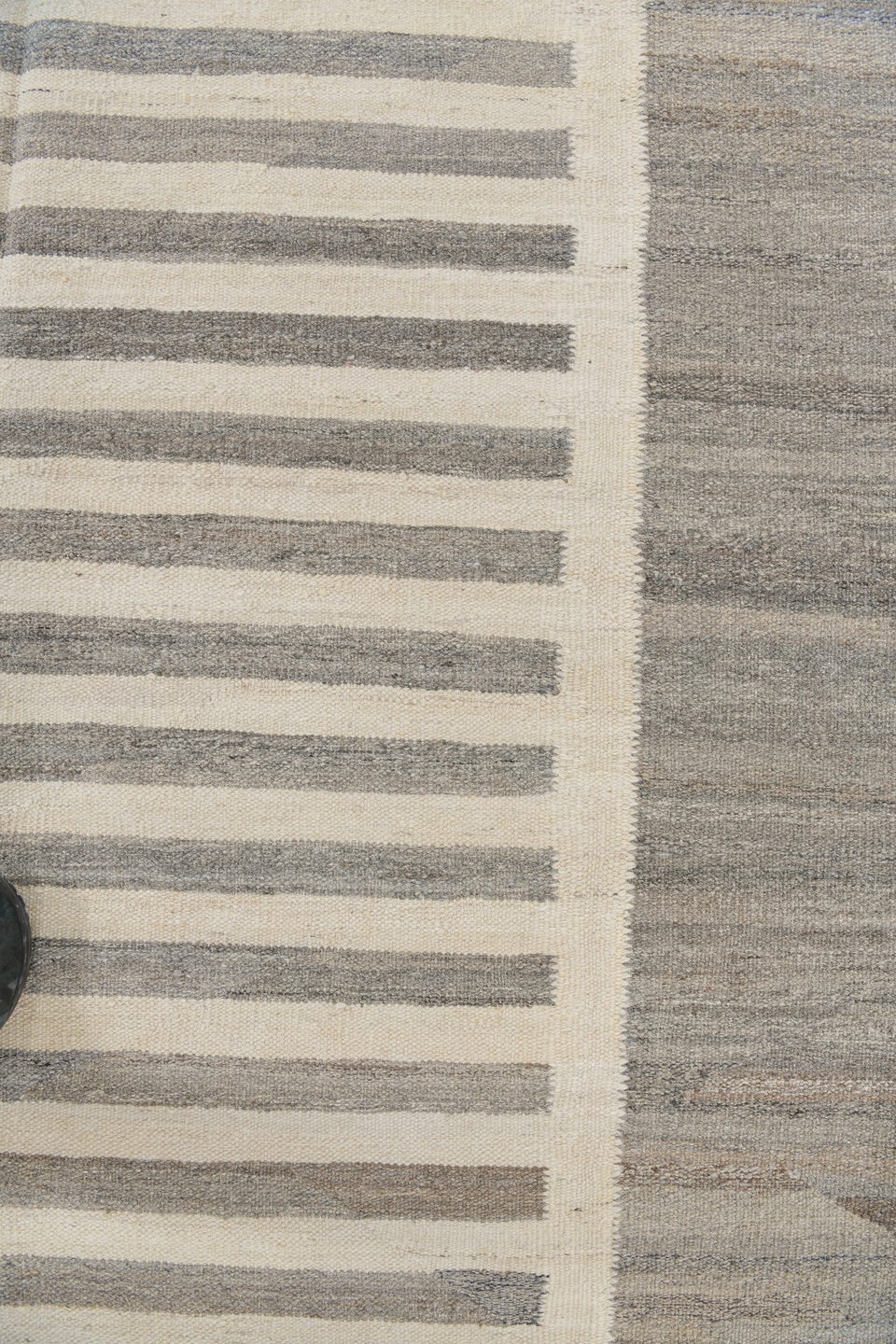 13' x 15' one-of-a-kind handmade vintage Kilim oversize rug. Color palette: taupe, ivory, gray, cream, greige, charcoal