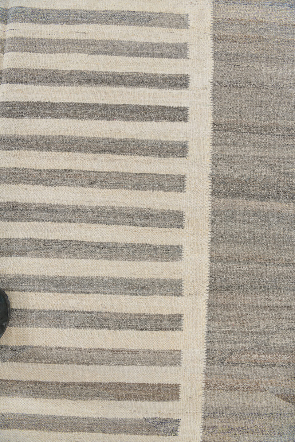 13' x 15' one-of-a-kind handmade vintage Kilim oversize rug. Color palette: dark gray, gray, light gray, off-white, silver