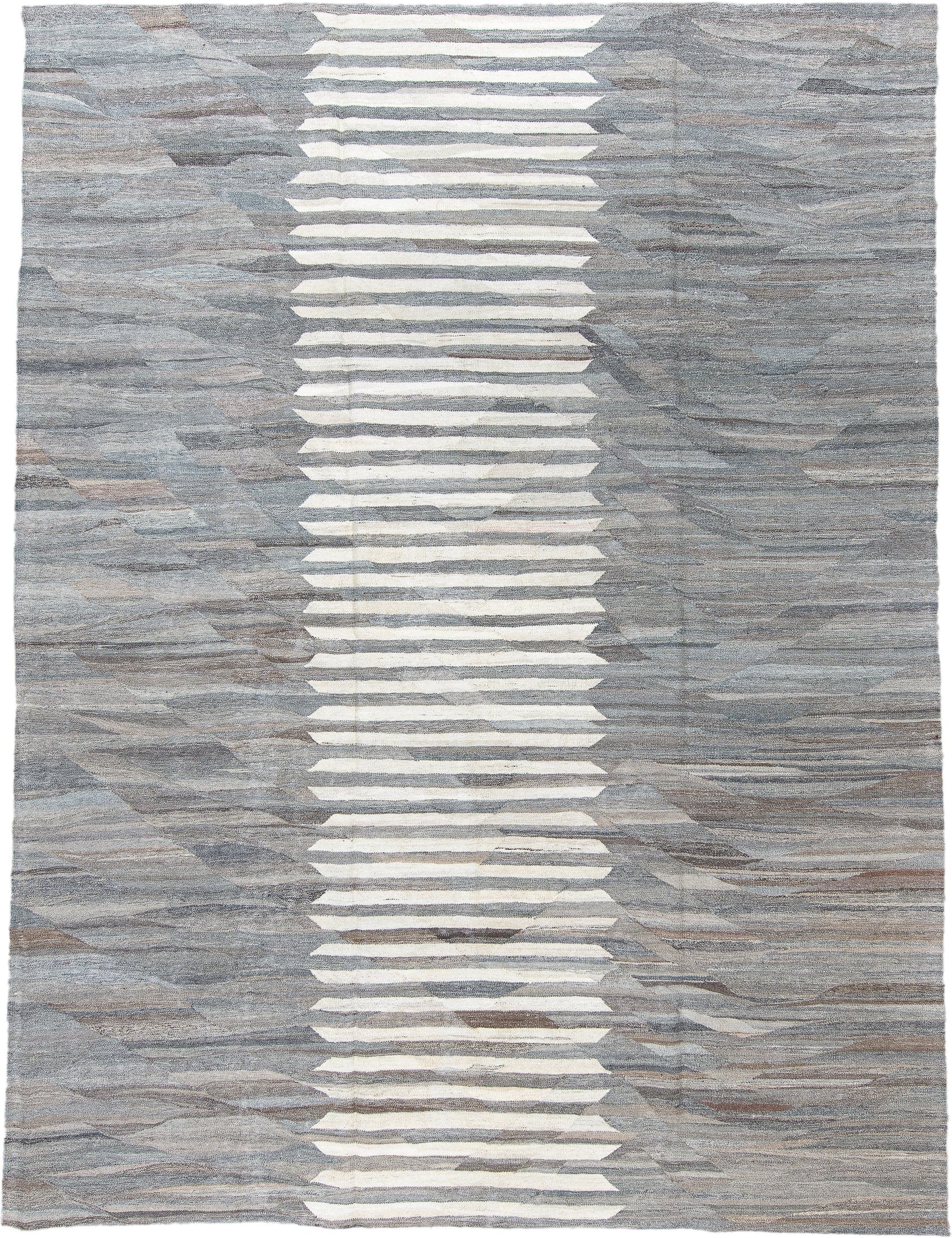 9' x 11' one-of-a-kind handmade vintage Kilim large size rug. Color palette: gray, ivory, taupe, slate, brown, beige