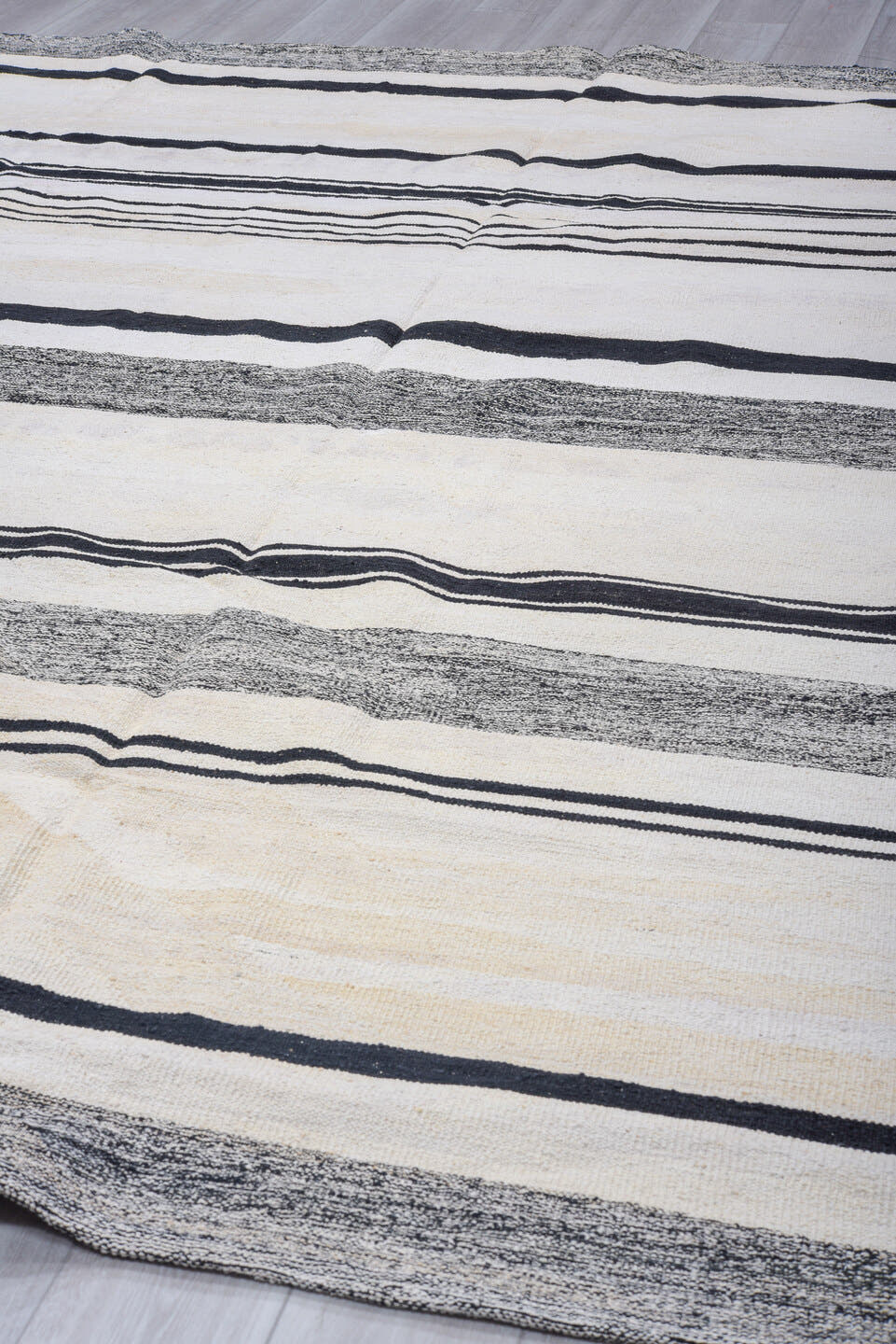 8' x 11' one-of-a-kind handmade vintage Kilim large size rug. Color palette: ivory, black, charcoal, cream, gray