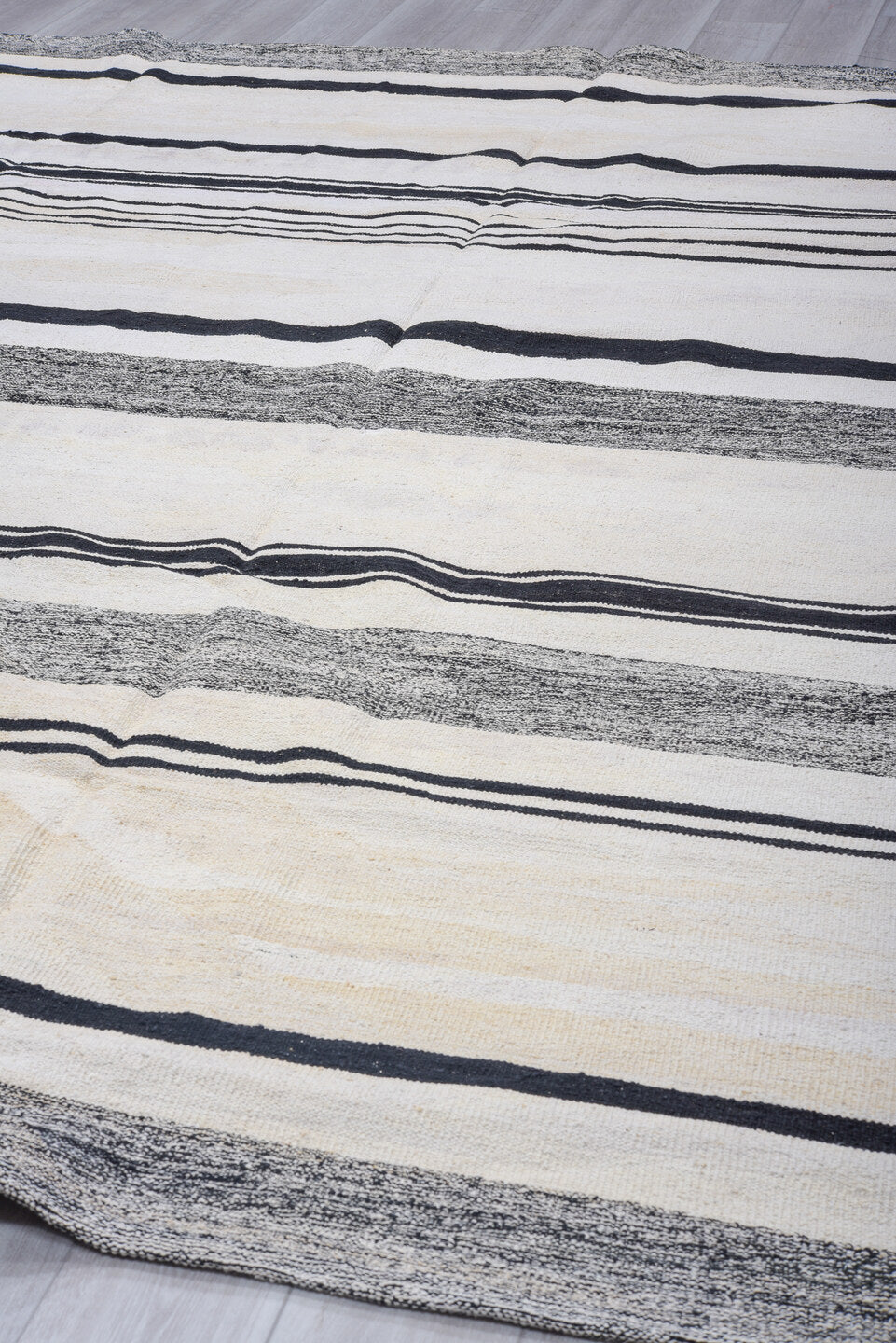 8' x 11' one-of-a-kind handmade vintage Kilim large size rug. Color palette: ivory, black, charcoal, cream, gray