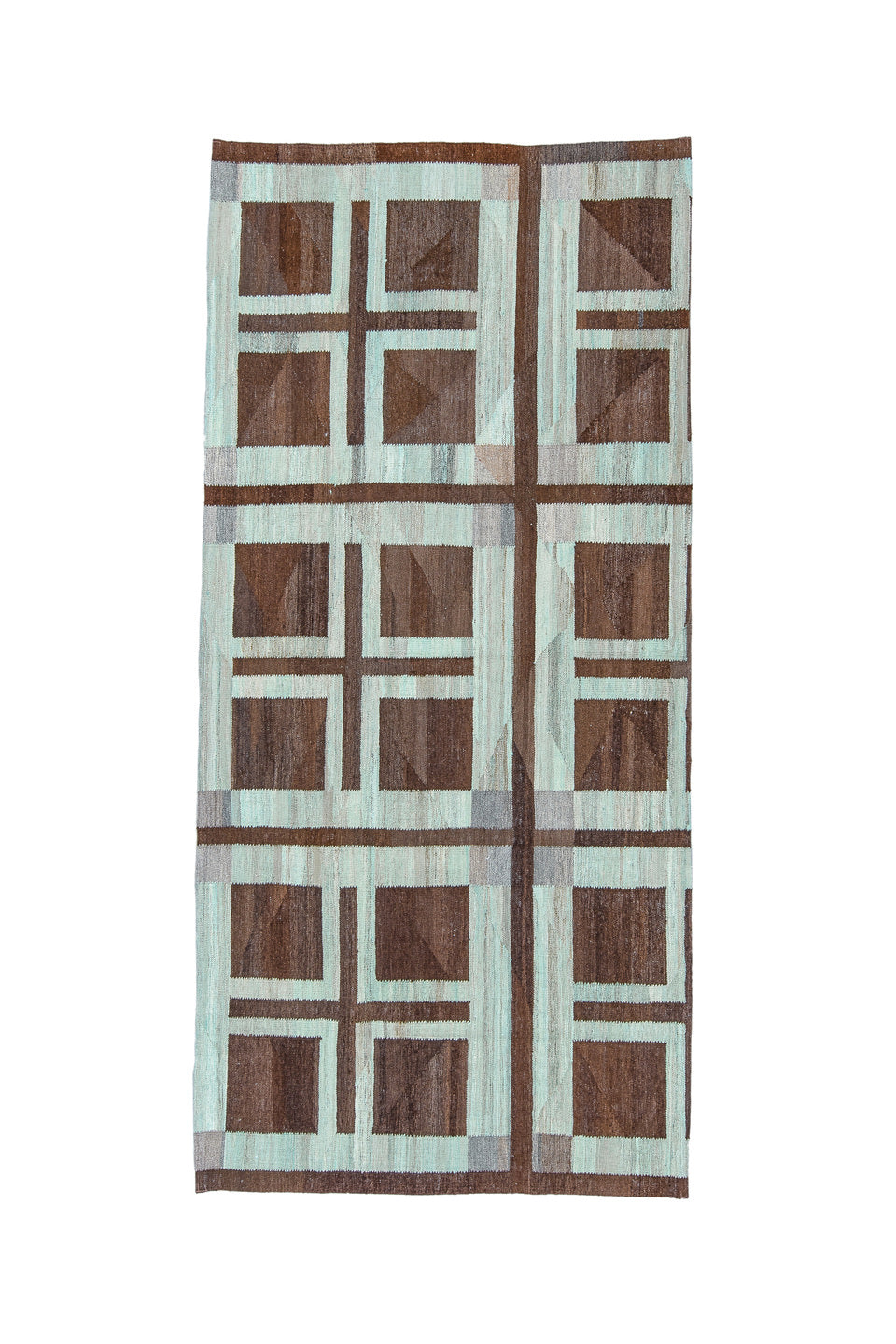 4' x 9' one-of-a-kind handmade vintage Kilim runner rug. Color palette: brown, dark gray, gainsboro, gray, light blue