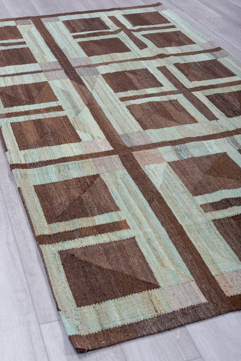 4' x 9' one-of-a-kind handmade vintage Kilim runner rug. Color palette: aqua, brown, taupe, ivory, teal, beige, gray