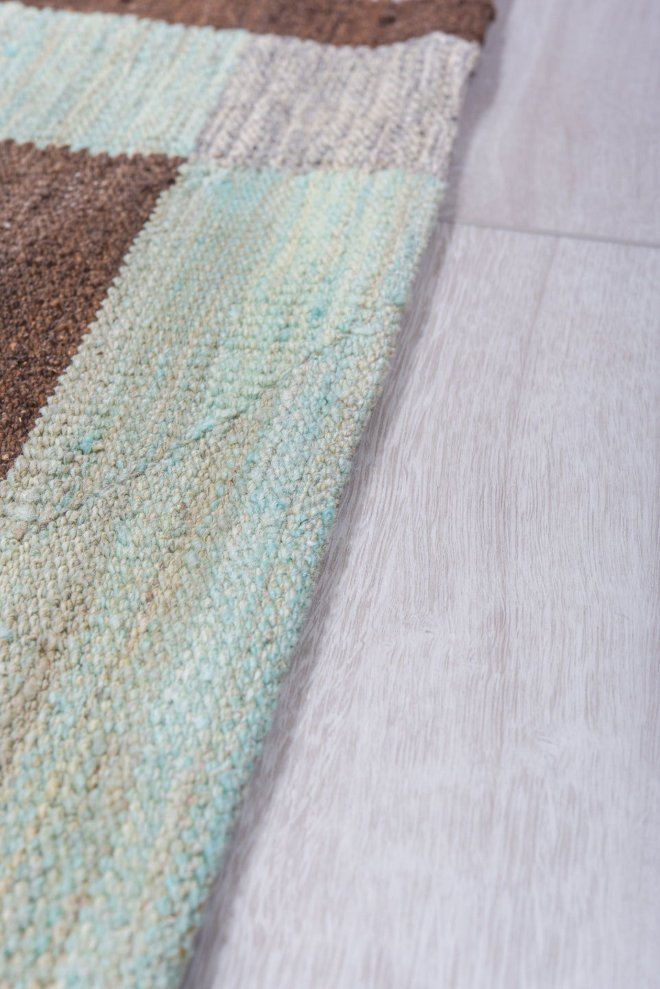 4' x 9' one-of-a-kind handmade vintage Kilim runner rug. Color palette: aqua, brown, taupe, ivory, teal, beige, gray