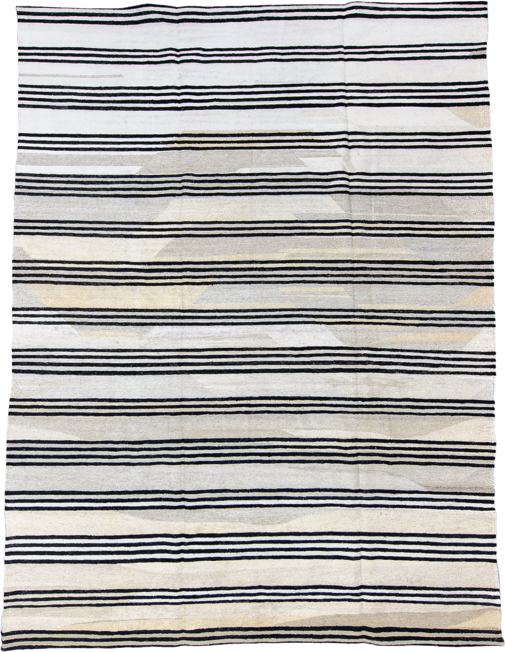 9' x 12' one-of-a-kind handmade vintage Kilim large size rug. Color palette: ivory, black, cream, taupe, beige, gray