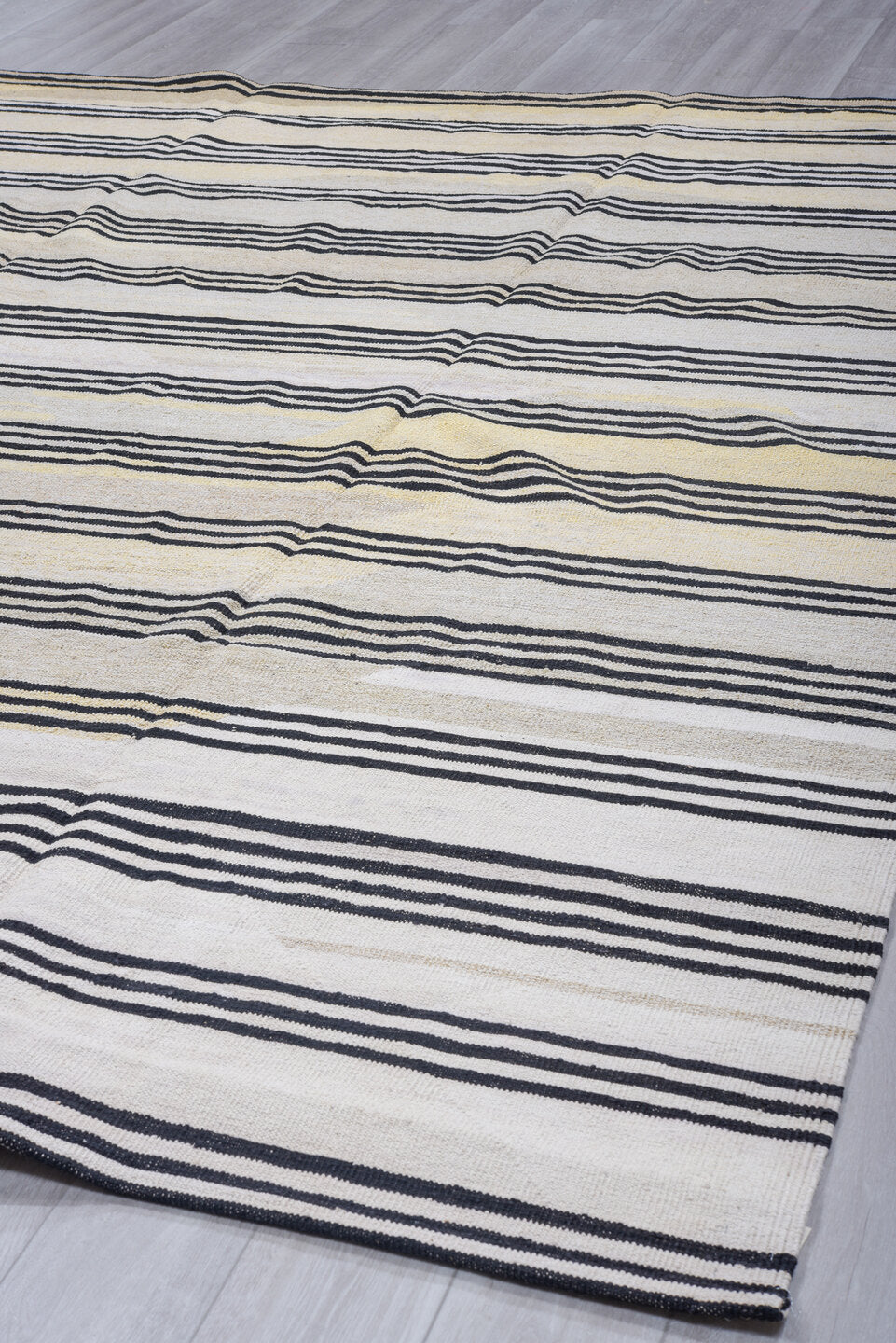 9' x 12' one-of-a-kind handmade vintage Kilim large size rug. Color palette: ivory, black, cream, taupe, beige, gray