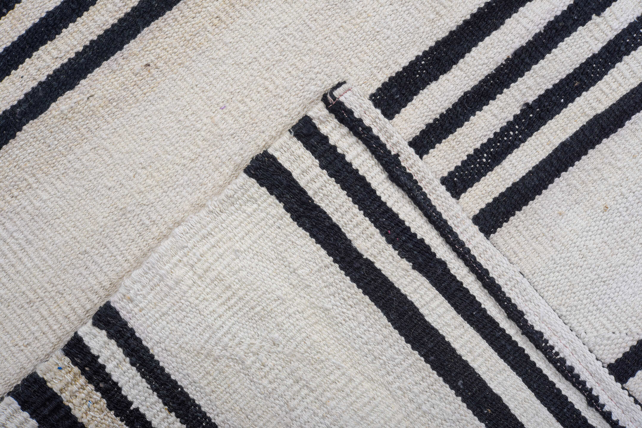 9' x 12' one-of-a-kind handmade vintage Kilim large size rug. Color palette: ivory, black, cream, taupe, beige, gray