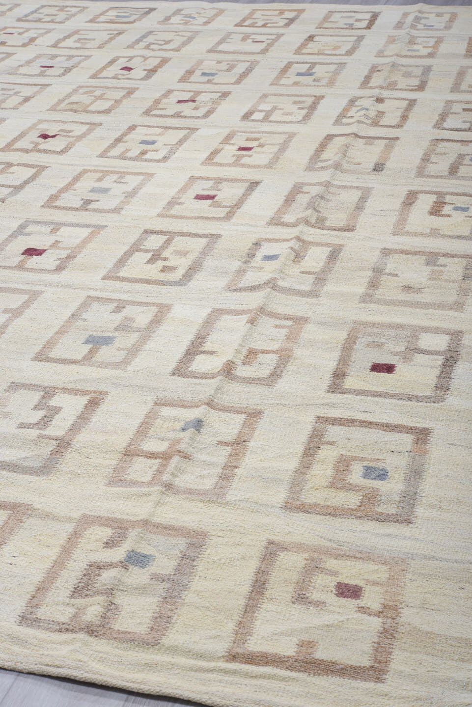12' x 14' one-of-a-kind handmade vintage Kilim oversize rug. Color palette: ivory, taupe, beige, camel, slate, burgundy
