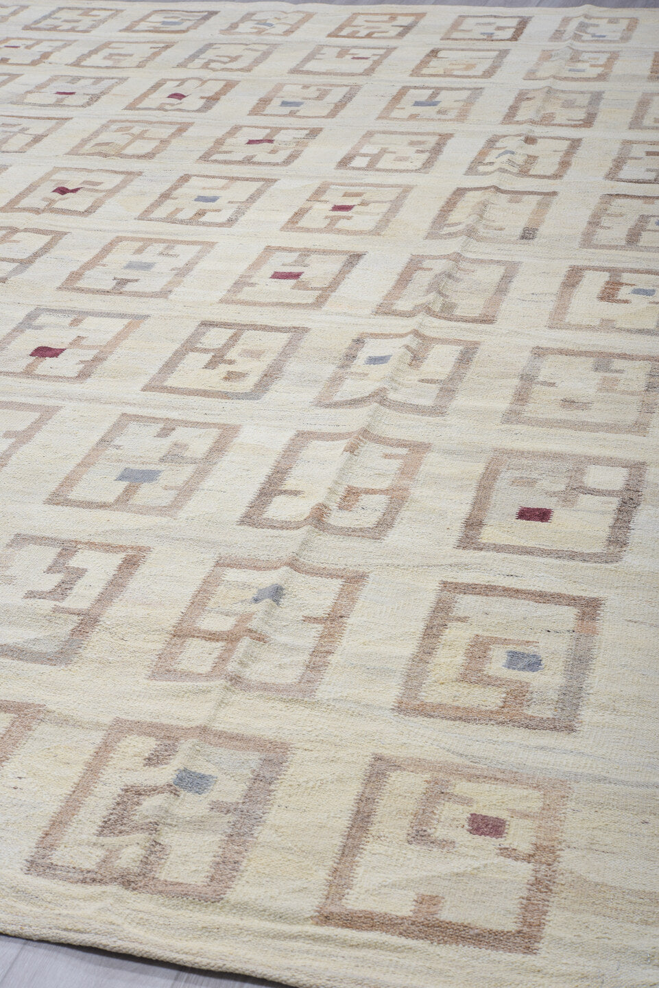 12' x 14' one-of-a-kind handmade vintage Kilim oversize rug. Color palette: ivory, taupe, beige, camel, slate, burgundy