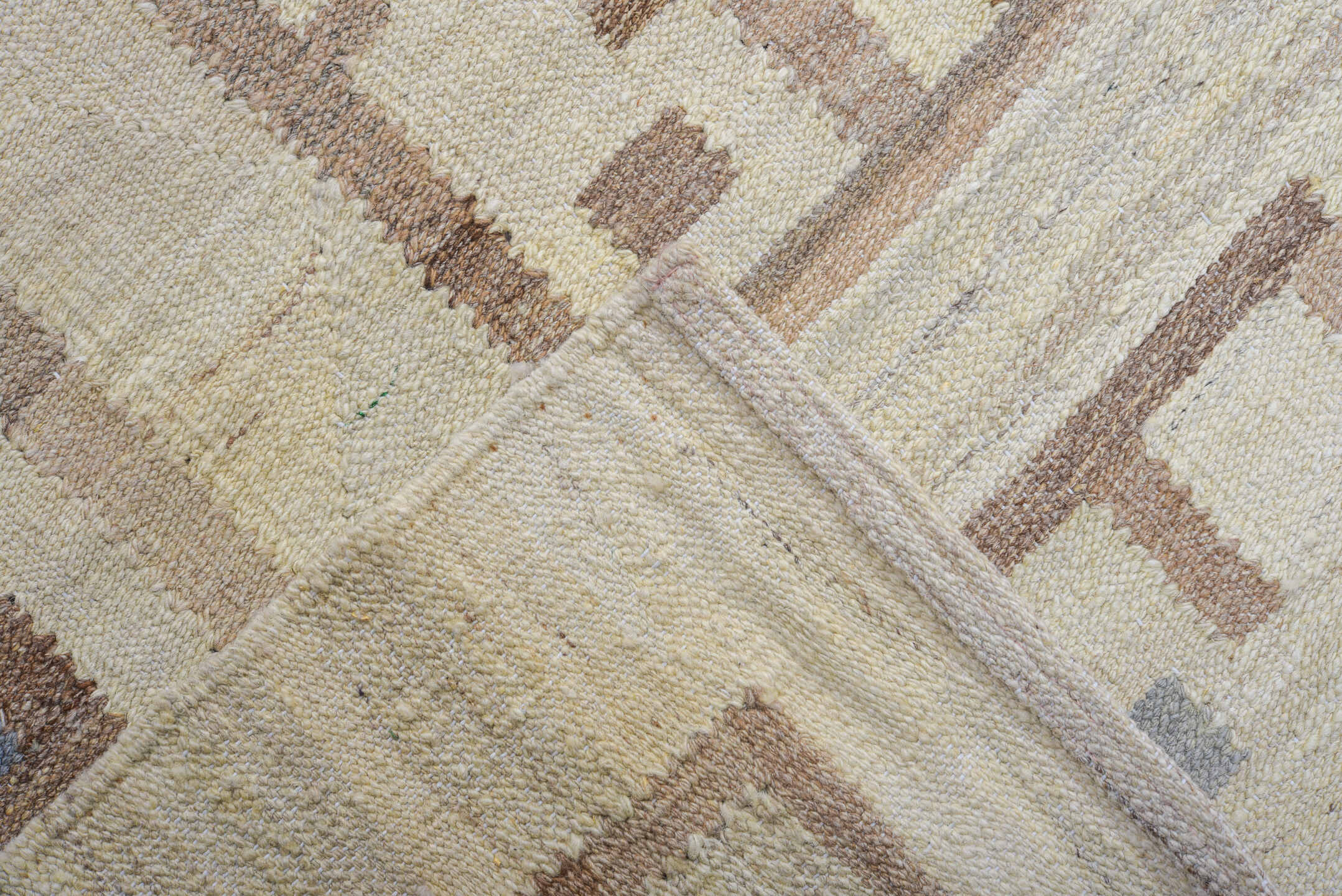 12' x 14' one-of-a-kind handmade vintage Kilim oversize rug. Color palette: ivory, taupe, beige, camel, slate, burgundy