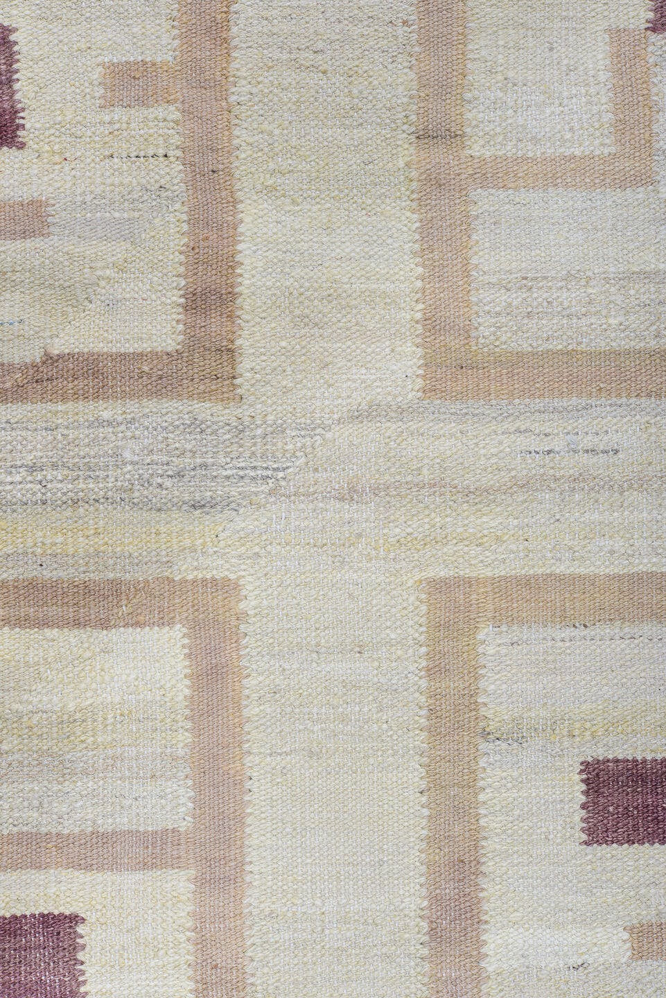 12' x 14' one-of-a-kind handmade vintage Kilim oversize rug. Color palette: ivory, tan, beige, burgundy, slate blue, purple