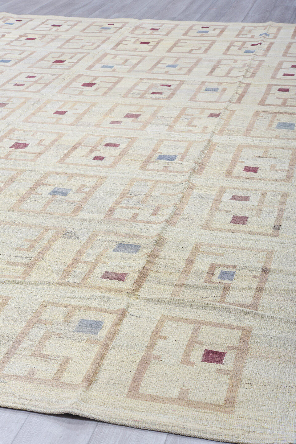12' x 14' one-of-a-kind handmade vintage Kilim oversize rug. Color palette: ivory, tan, beige, burgundy, slate blue, purple