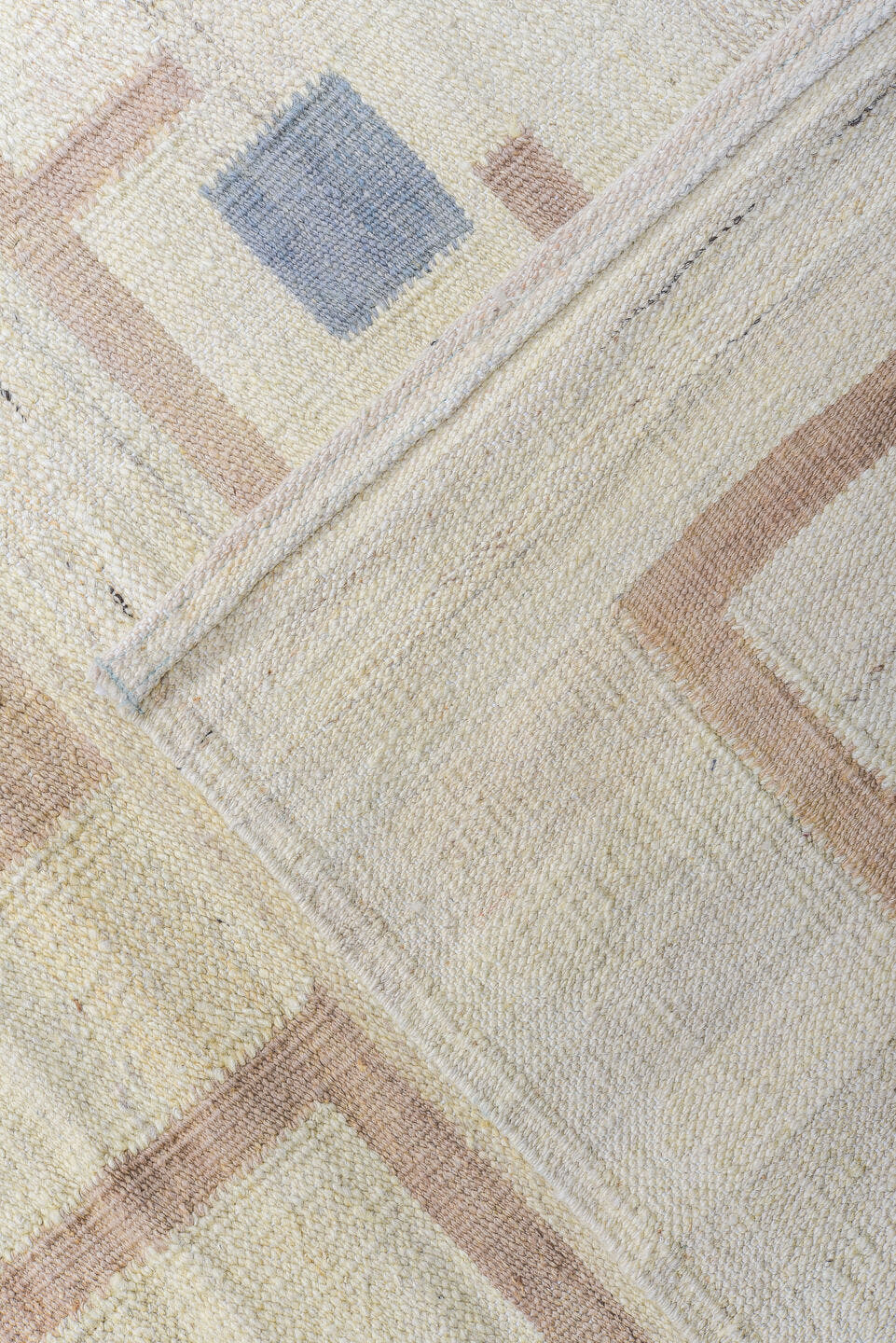 12' x 14' one-of-a-kind handmade vintage Kilim oversize rug. Color palette: ivory, tan, beige, burgundy, slate blue, purple