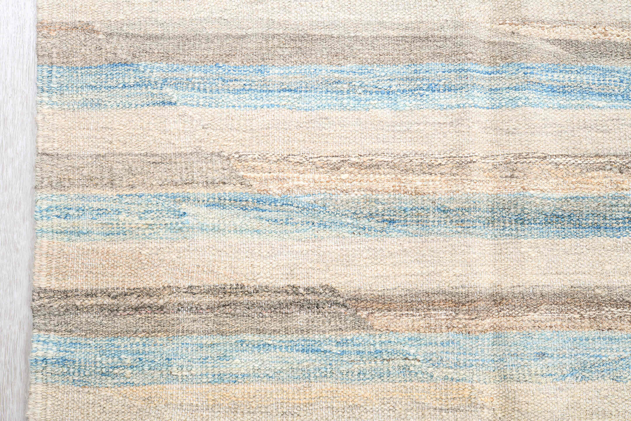 14' x 19' one-of-a-kind handmade vintage Tulu oversize rug. Color palette: ivory, pale blue, taupe, cream, gray, light blue