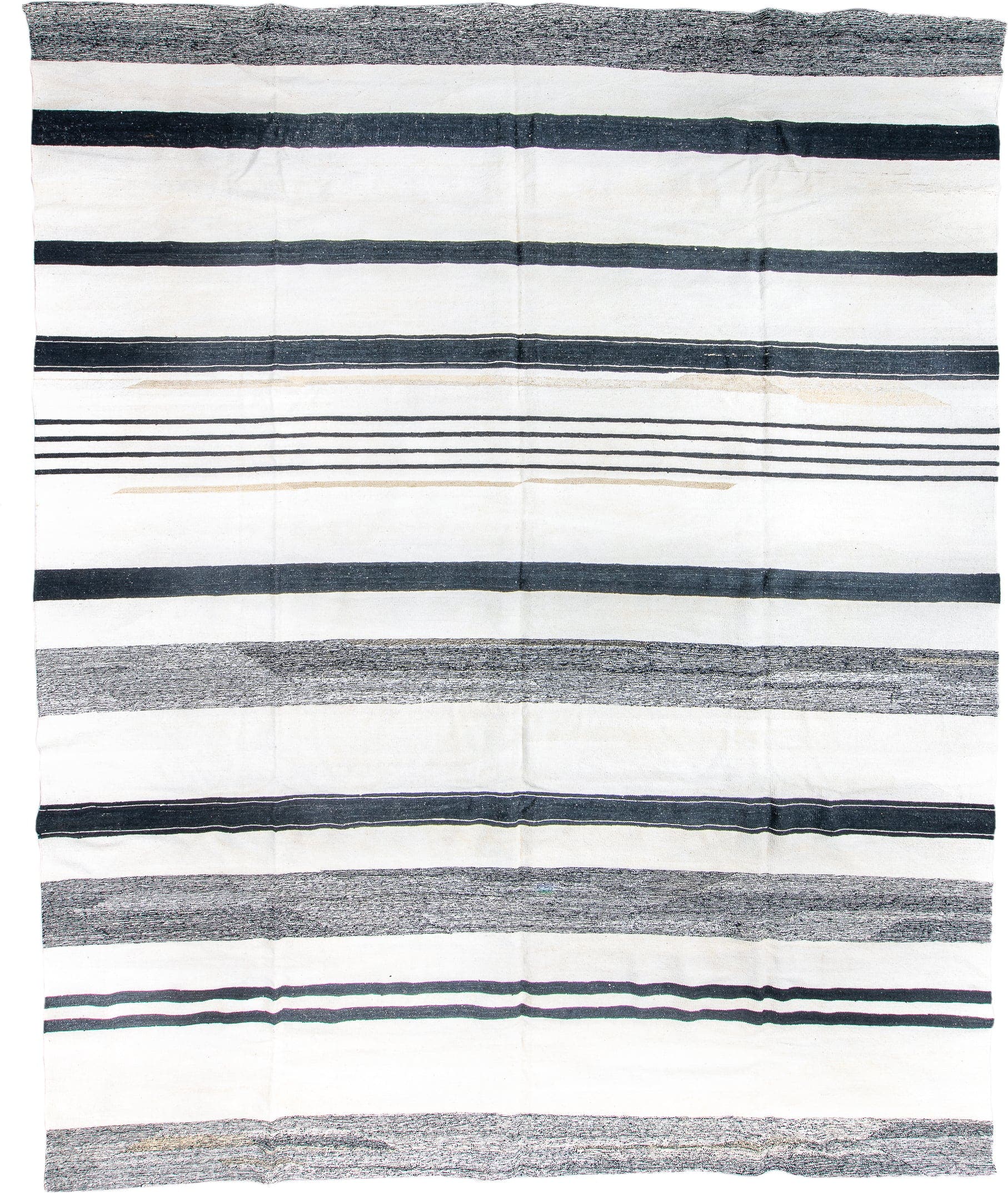 13' x 15' one-of-a-kind handmade vintage Kilim oversize rug. Color palette: ivory, charcoal, black, cream, taupe, gray