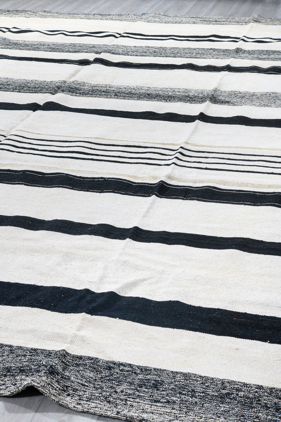 13' x 15' one-of-a-kind handmade vintage Kilim oversize rug. Color palette: ivory, charcoal, black, cream, taupe, gray
