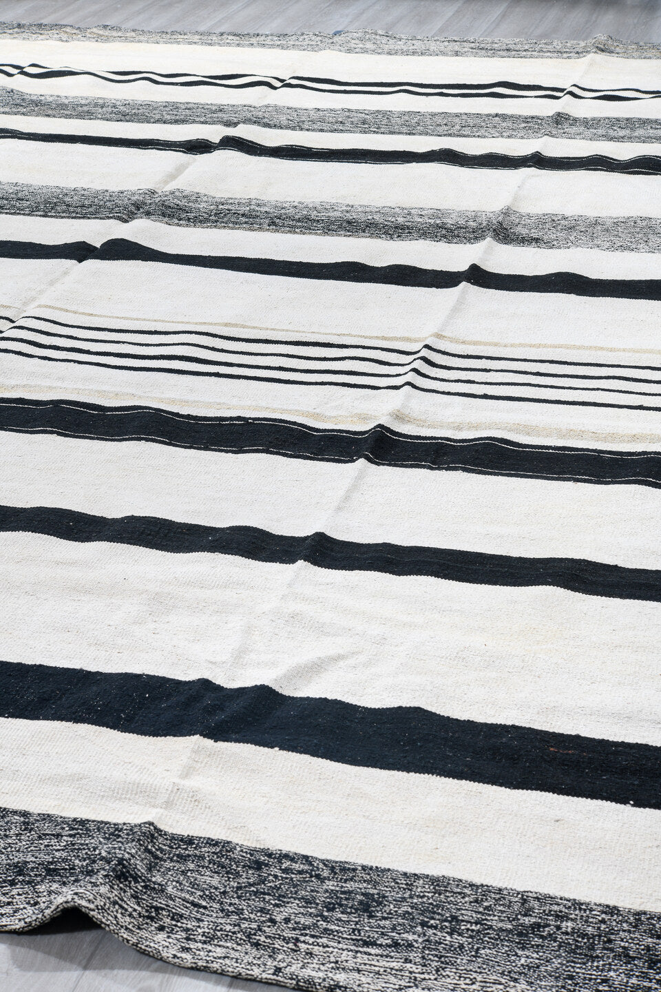 13' x 15' one-of-a-kind handmade vintage Kilim oversize rug. Color palette: ivory, charcoal, black, cream, taupe, gray