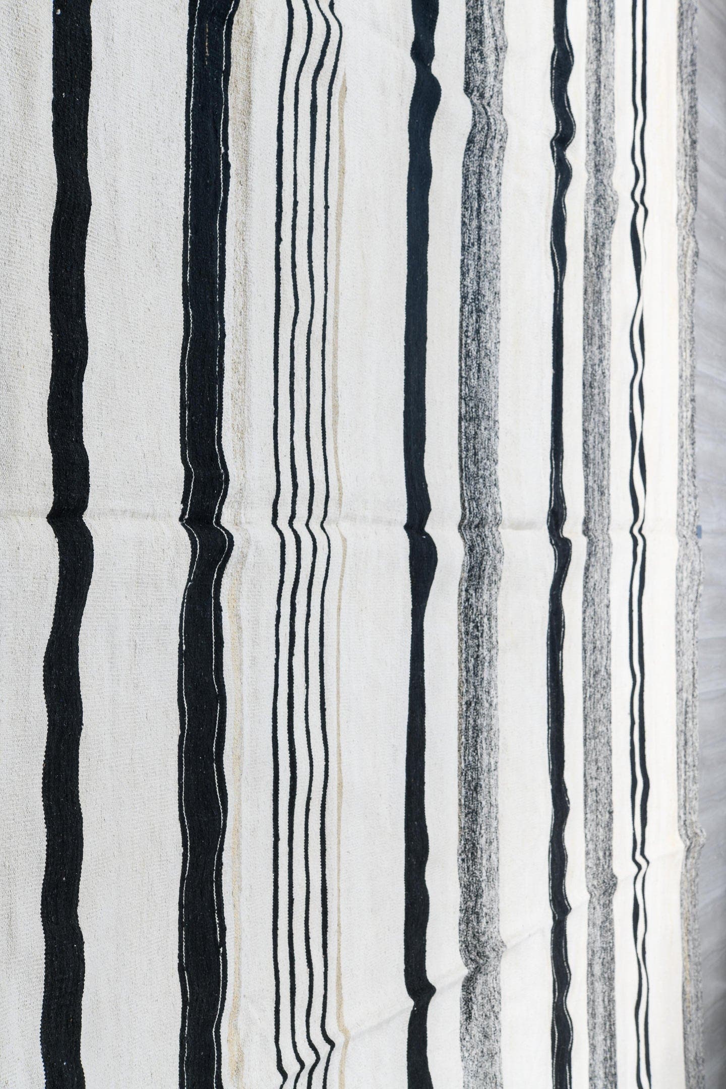 13' x 15' one-of-a-kind handmade vintage Kilim oversize rug. Color palette: ivory, charcoal, black, cream, taupe, gray