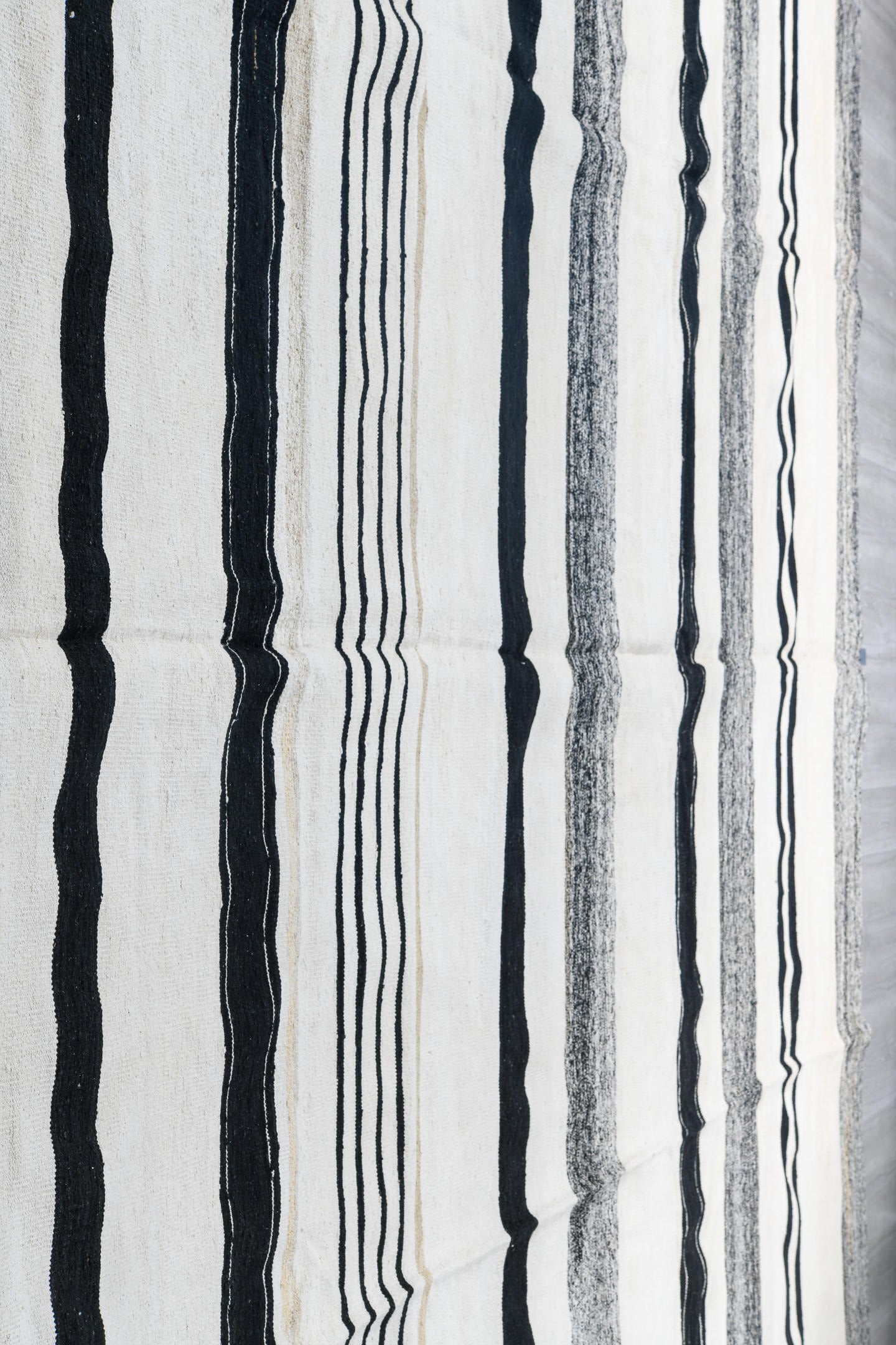 13' x 15' one-of-a-kind handmade vintage Kilim oversize rug. Color palette: ivory, charcoal, black, cream, taupe, gray