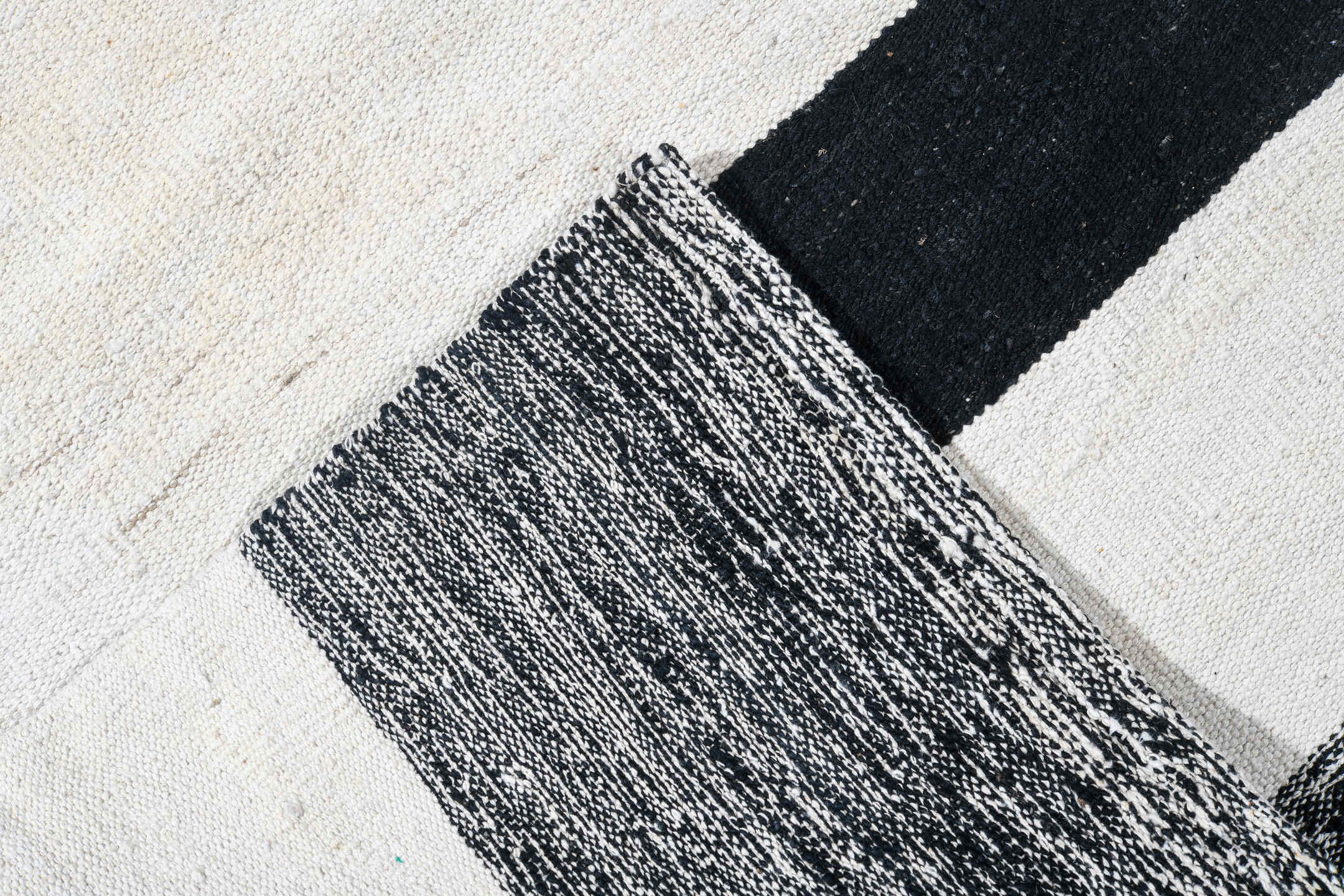 13' x 15' one-of-a-kind handmade vintage Kilim oversize rug. Color palette: ivory, charcoal, black, cream, taupe, gray