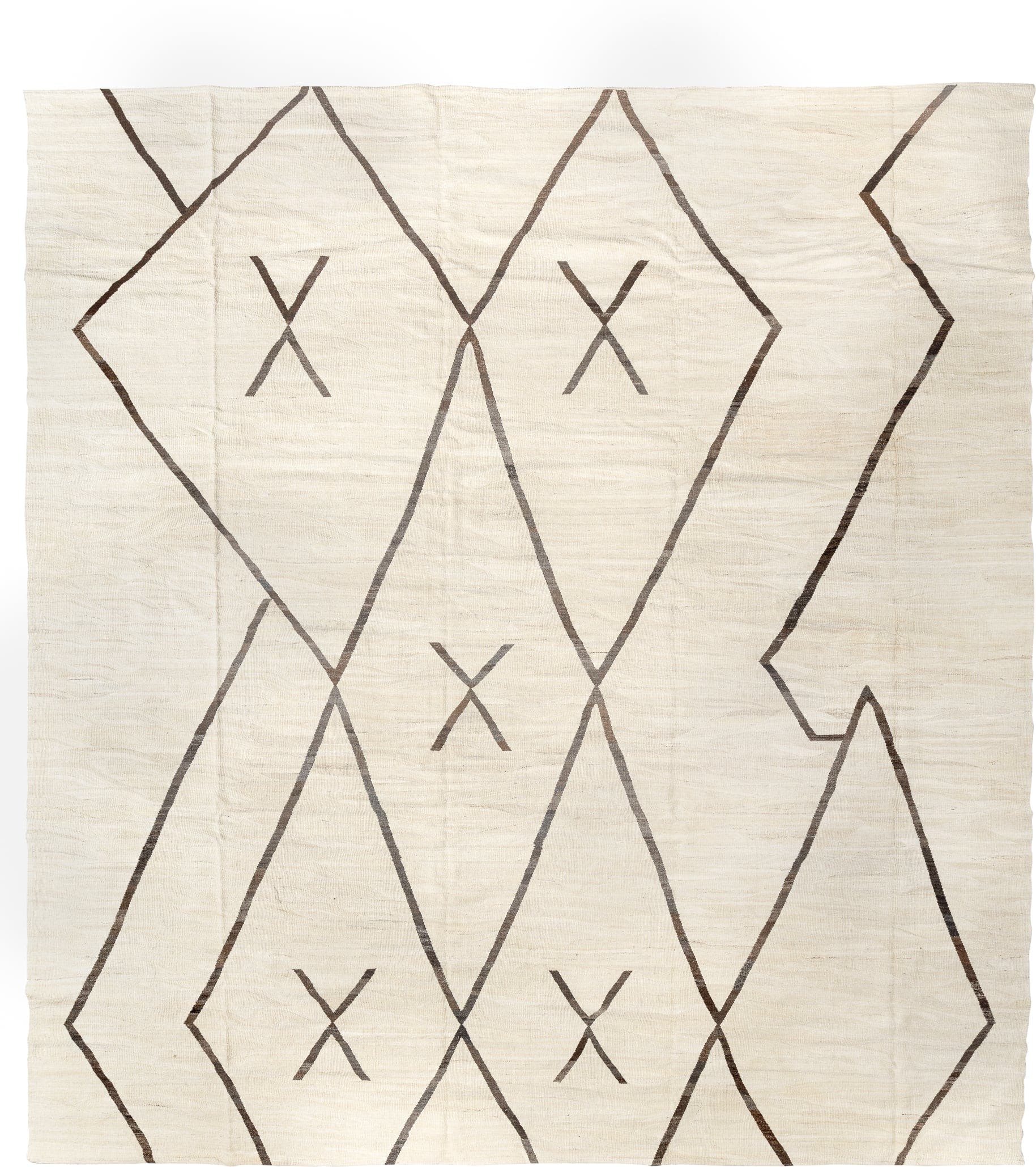14' x 15' one-of-a-kind handmade vintage Kilim oversize rug. Color palette: ivory, brown, taupe, beige, gray