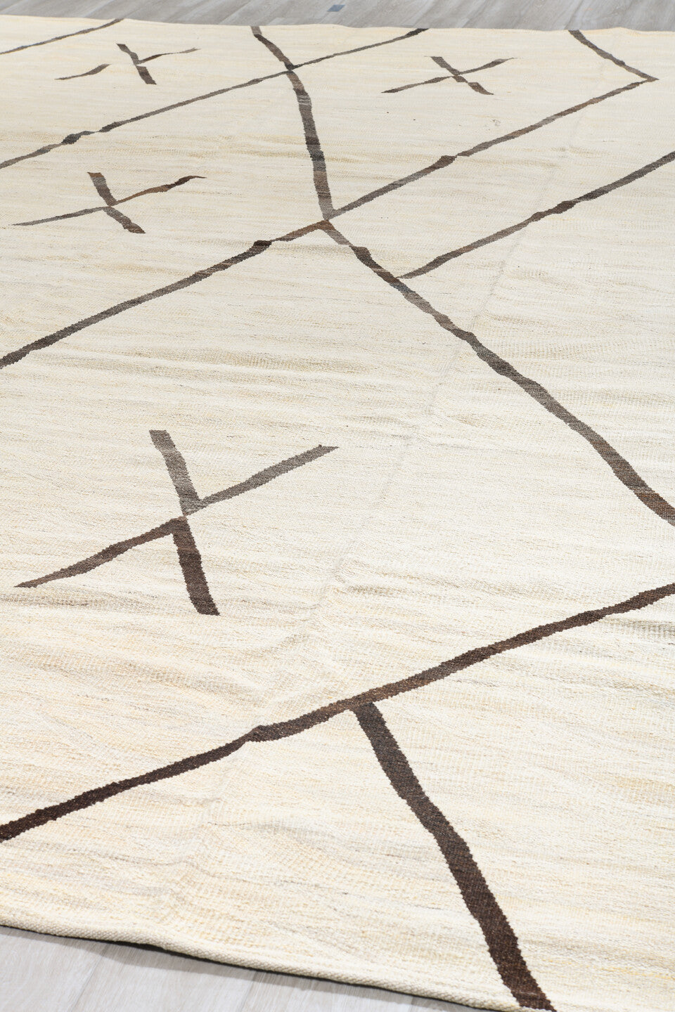 14' x 15' one-of-a-kind handmade vintage Kilim oversize rug. Color palette: ivory, brown, taupe, beige, gray