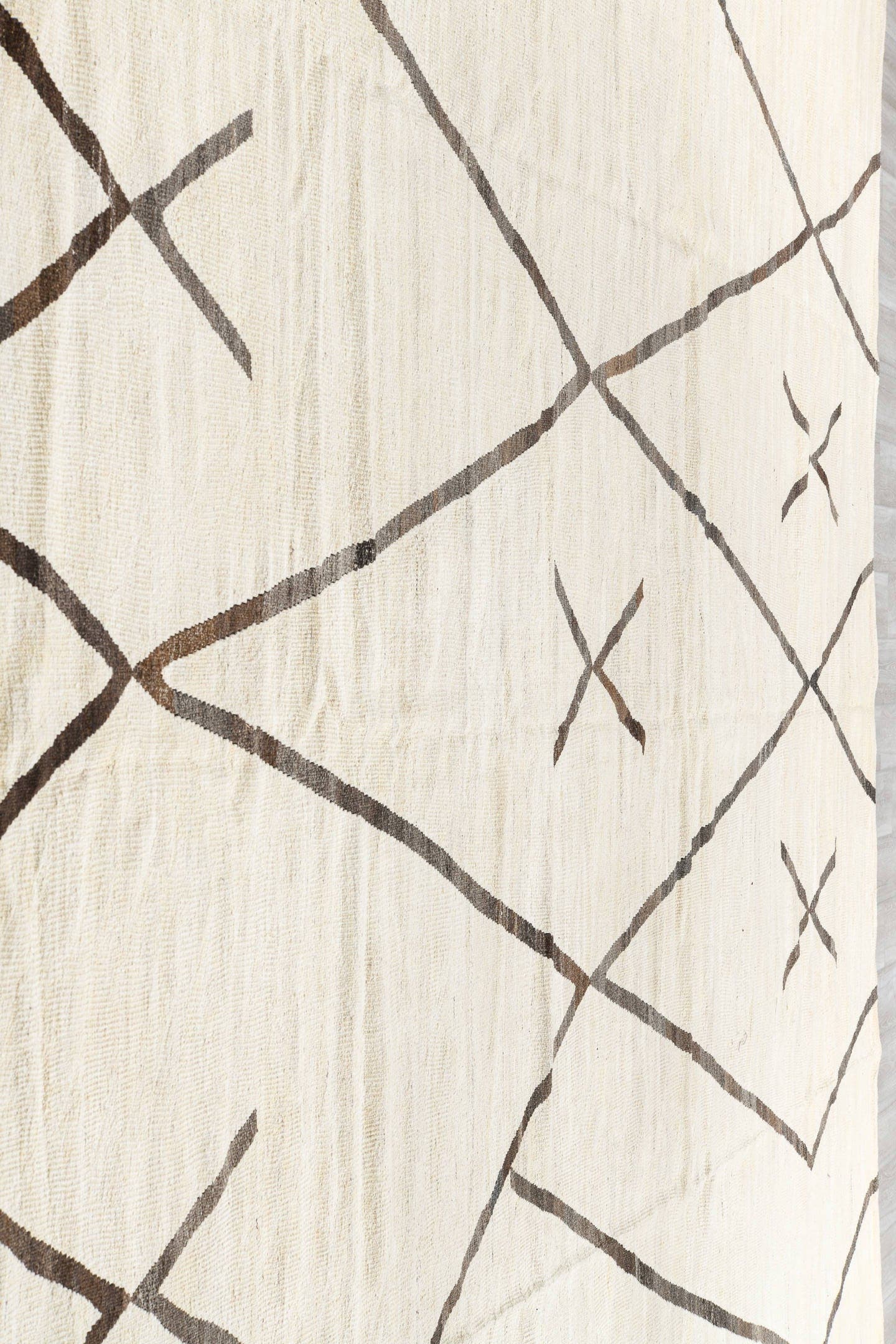 14' x 15' one-of-a-kind handmade vintage Kilim oversize rug. Color palette: ivory, brown, taupe, beige, gray