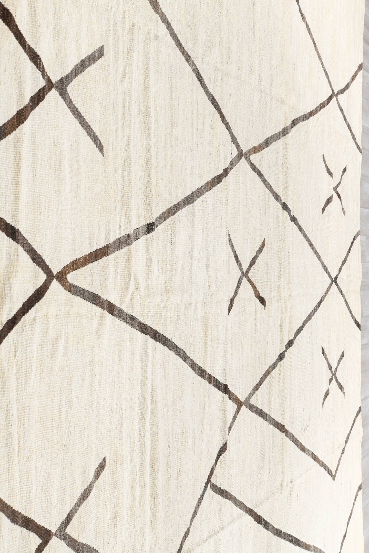 14' x 15' one-of-a-kind handmade vintage Kilim oversize rug. Color palette: ivory, brown, taupe, beige, gray