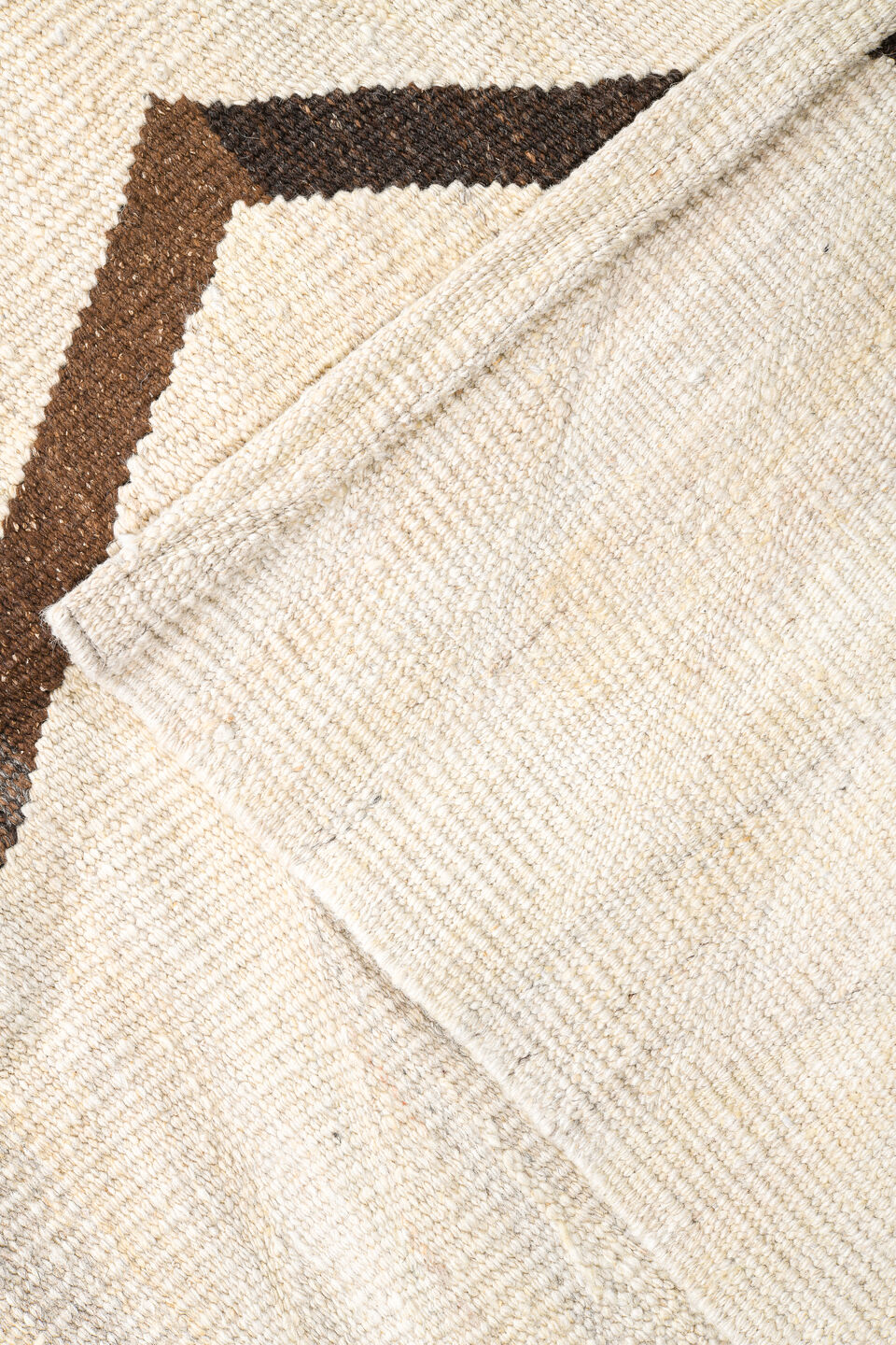 14' x 15' one-of-a-kind handmade vintage Kilim oversize rug. Color palette: ivory, brown, taupe, beige, gray