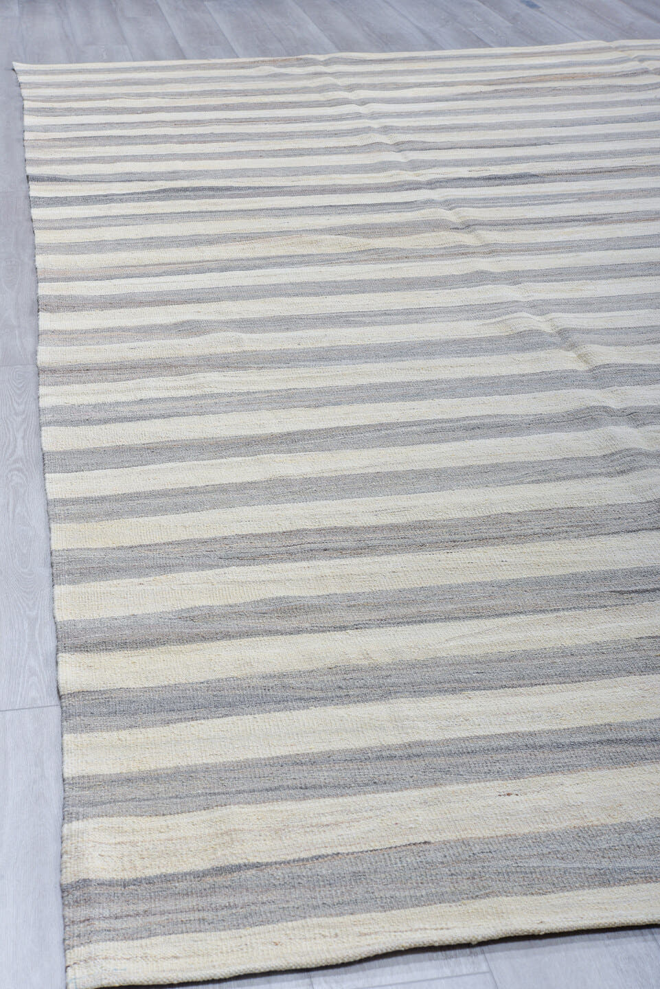 12' x 15' one-of-a-kind handmade vintage Kilim oversize rug. Color palette: ivory, gray, taupe, slate, cream, beige