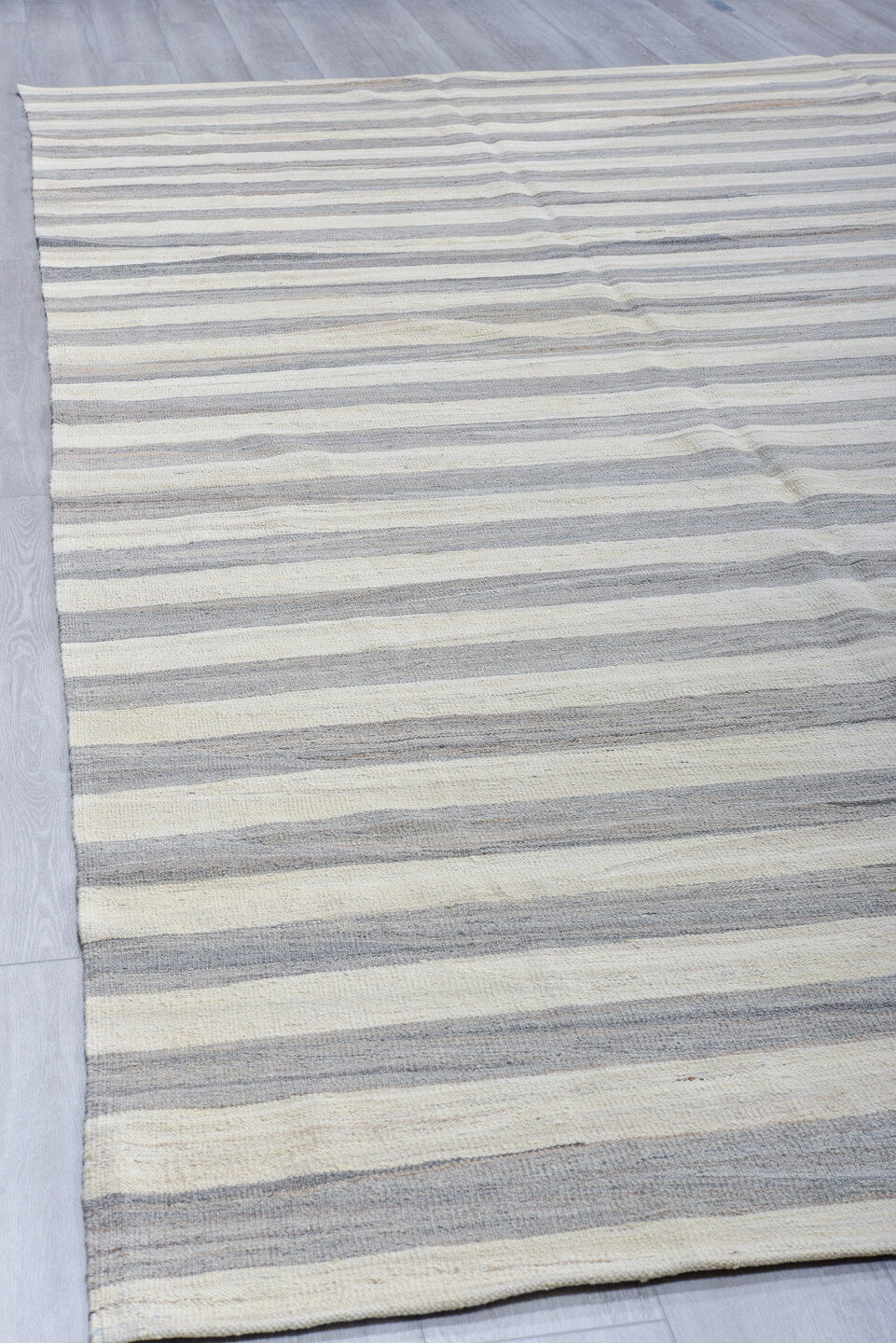 12' x 15' one-of-a-kind handmade vintage Kilim oversize rug. Color palette: ivory, gray, taupe, slate, cream, beige