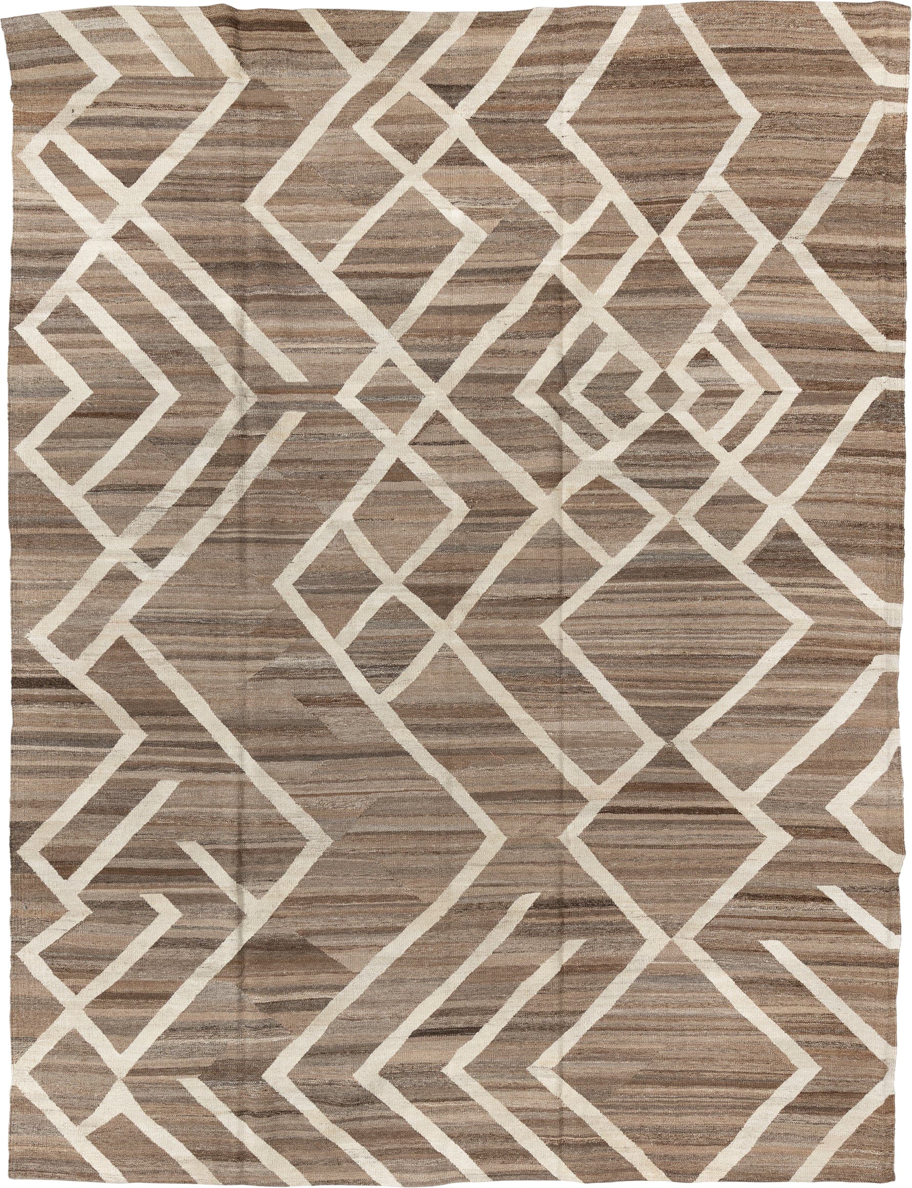 8' x 12' one-of-a-kind handmade vintage Kilim large size rug. Color palette: taupe, ivory, brown, camel, beige, gray