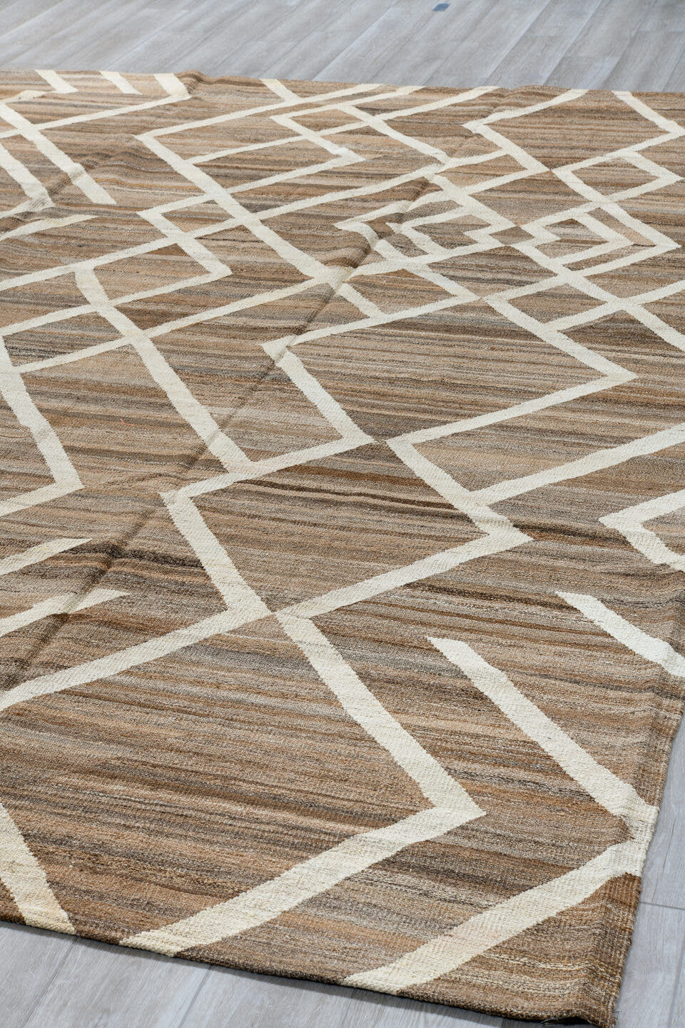 8' x 12' one-of-a-kind handmade vintage Kilim large size rug. Color palette: taupe, ivory, brown, camel, beige, gray
