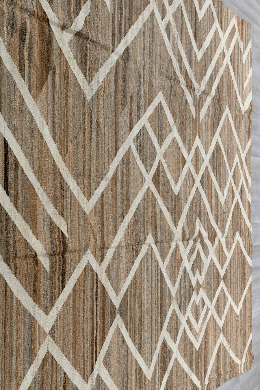 8' x 12' one-of-a-kind handmade vintage Kilim large size rug. Color palette: taupe, ivory, brown, camel, beige, gray