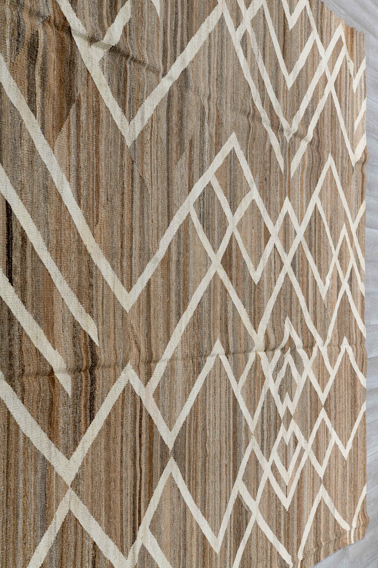 8' x 12' one-of-a-kind handmade vintage Kilim large size rug. Color palette: taupe, ivory, brown, camel, beige, gray