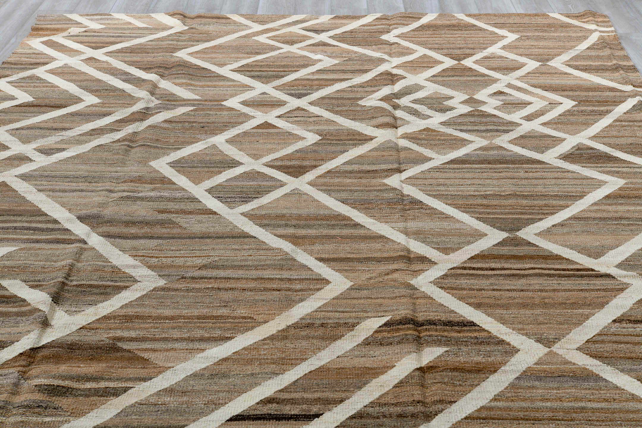 8' x 12' one-of-a-kind handmade vintage Kilim large size rug. Color palette: brown, dark gray, gray, light gray, off-white