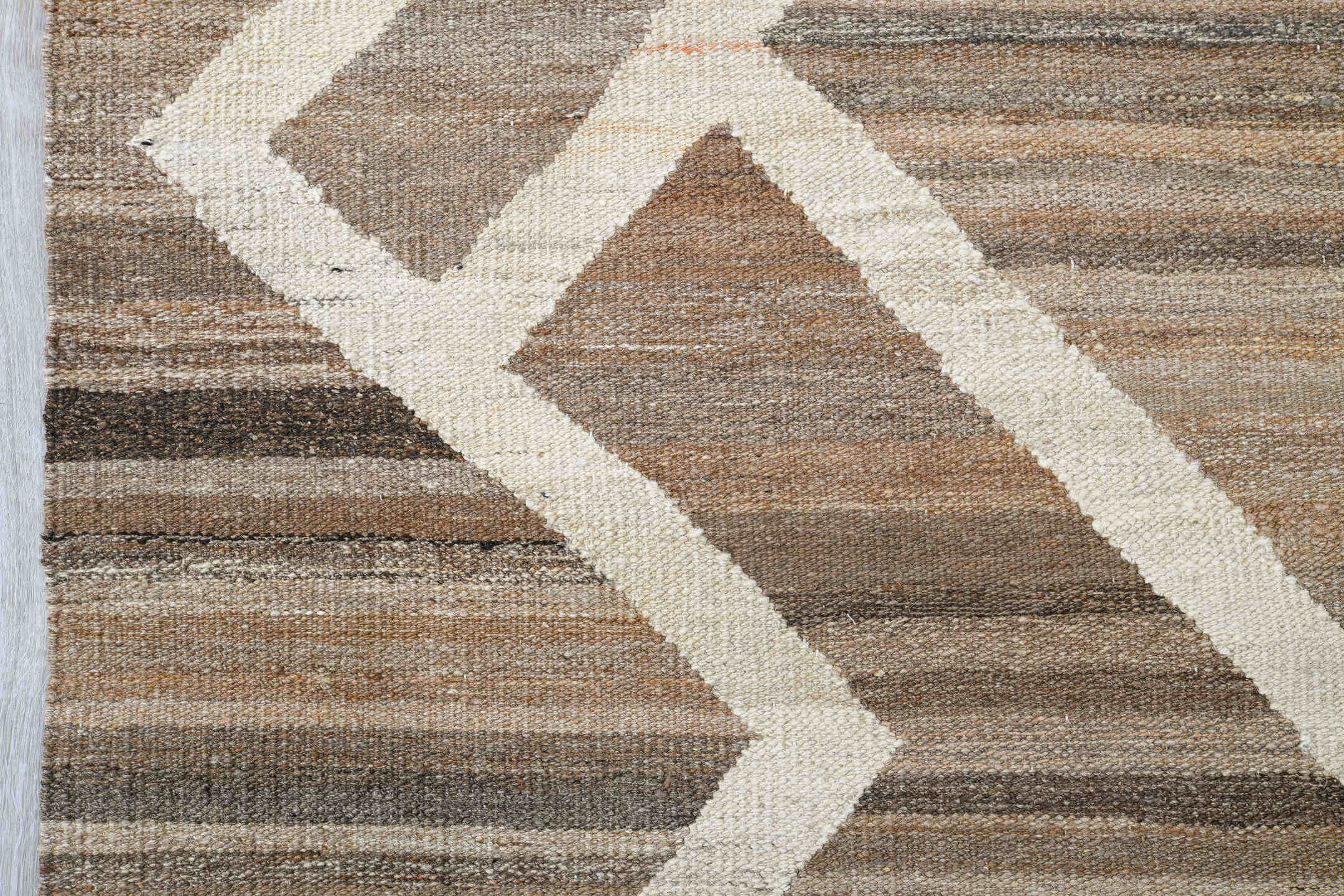 8' x 12' one-of-a-kind handmade vintage Kilim large size rug. Color palette: taupe, ivory, brown, camel, beige, gray
