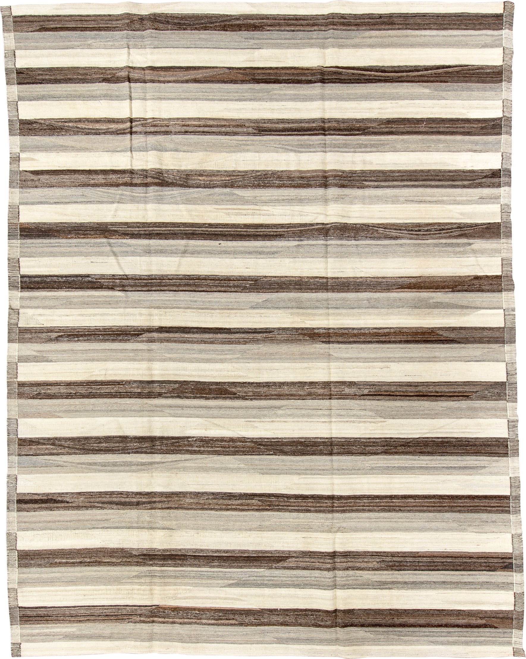 9' x 11' one-of-a-kind handmade vintage Kilim large size rug. Color palette: ivory, brown, taupe, gray, cream, beige