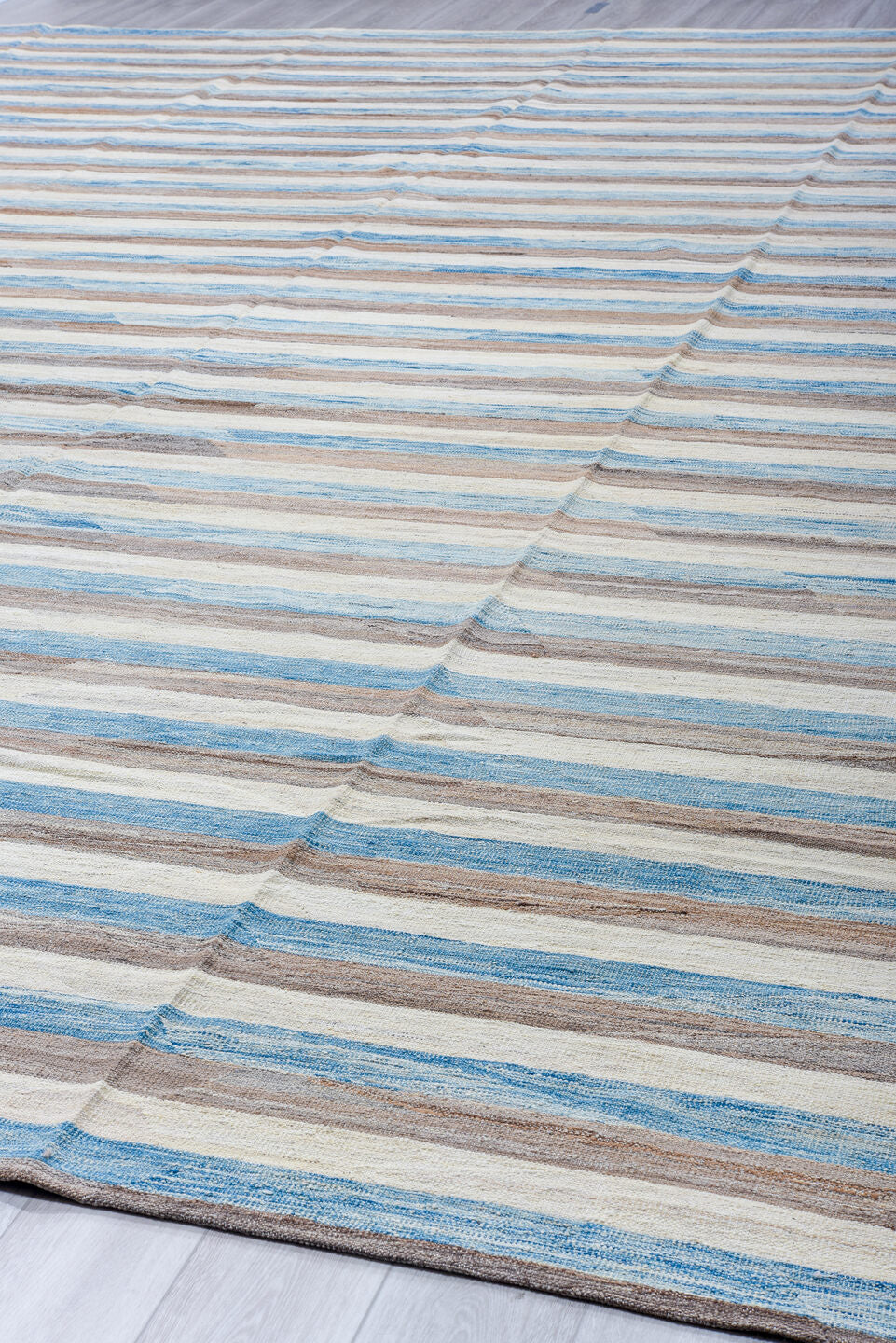 14' x 18' one-of-a-kind handmade vintage Kilim oversize rug. Color palette: ivory, sky blue, taupe, gray, light blue, beige