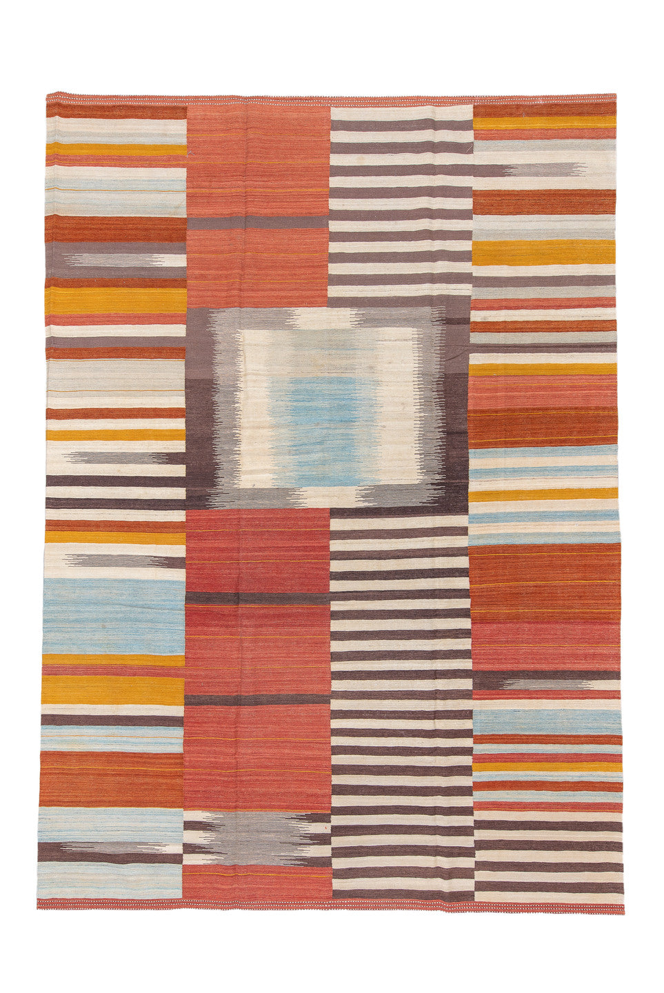 10' x 14' one-of-a-kind handmade vintage Kilim large size rug. Color palette: brown, gainsboro, gray, light blue, light gray