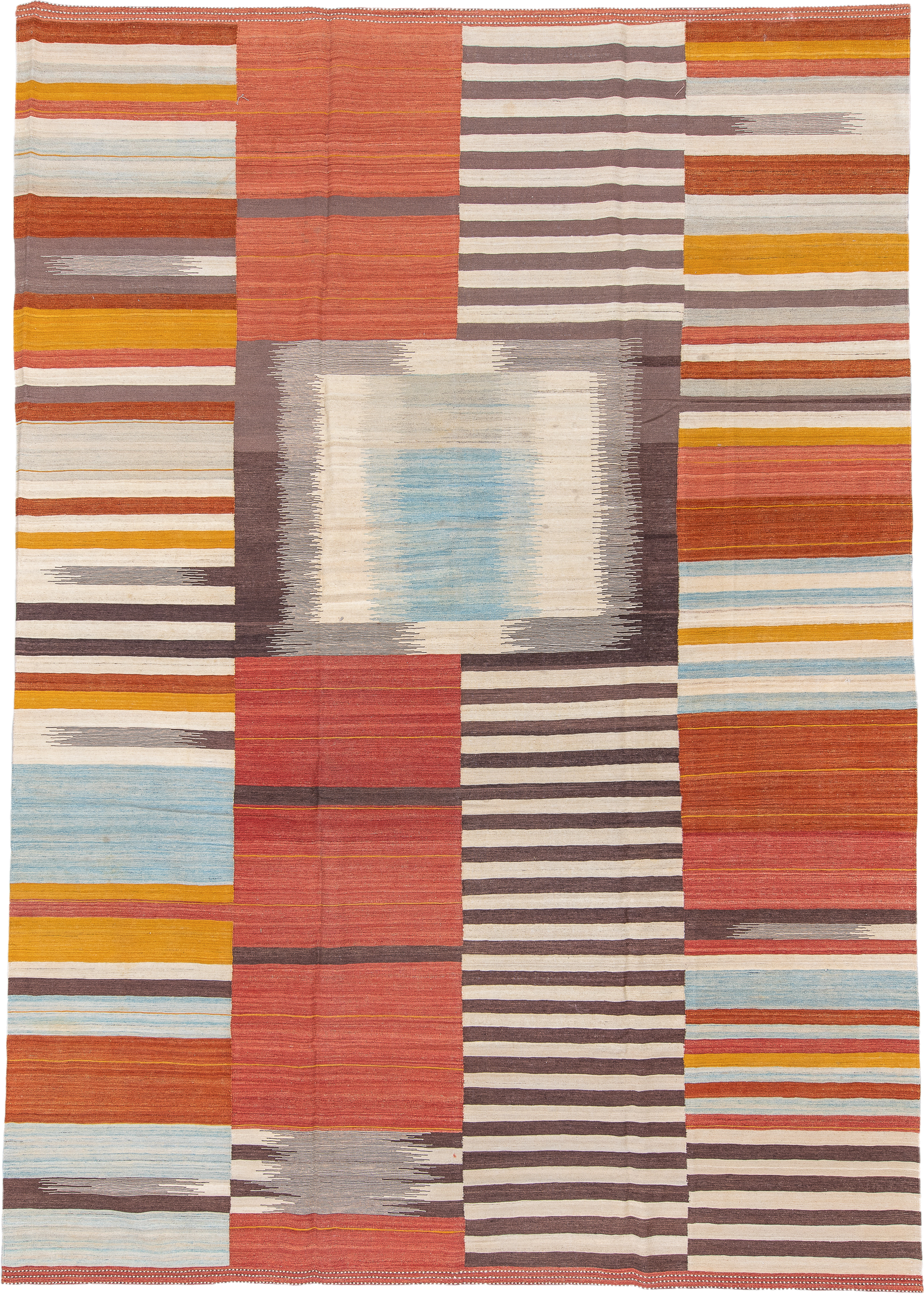 10' x 14' one-of-a-kind handmade vintage Kilim large size rug. Color palette: rust, ivory, taupe, saffron, sky_blue