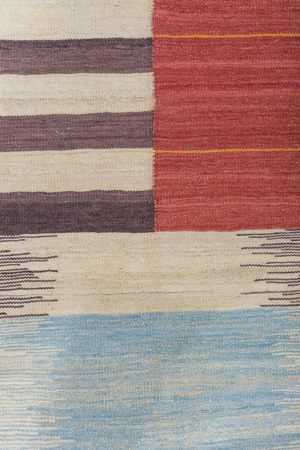 10' x 14' one-of-a-kind handmade vintage Kilim large size rug. Color palette: rust, ivory, taupe, saffron, sky_blue