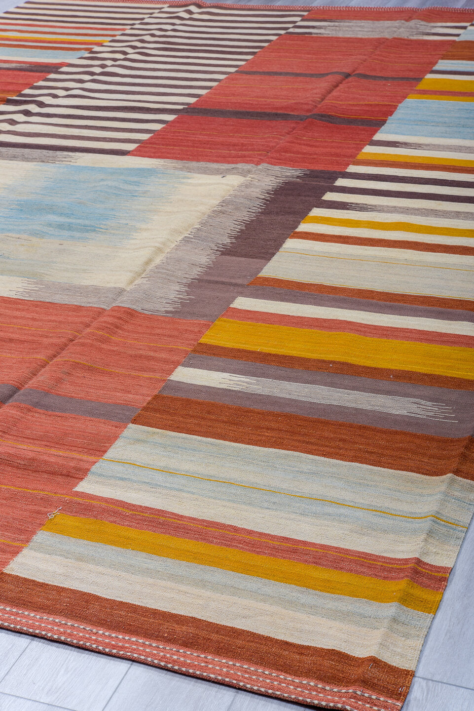 10' x 14' one-of-a-kind handmade vintage Kilim large size rug. Color palette: rust, ivory, taupe, saffron, sky_blue