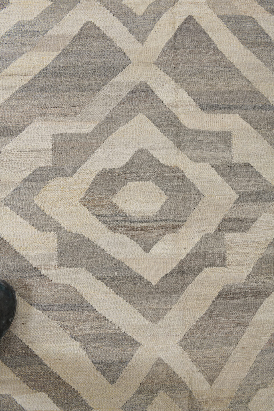 12' x 15' one-of-a-kind handmade vintage Kilim oversize rug. Color palette: dark gray, gray, light gray, off-white, silver