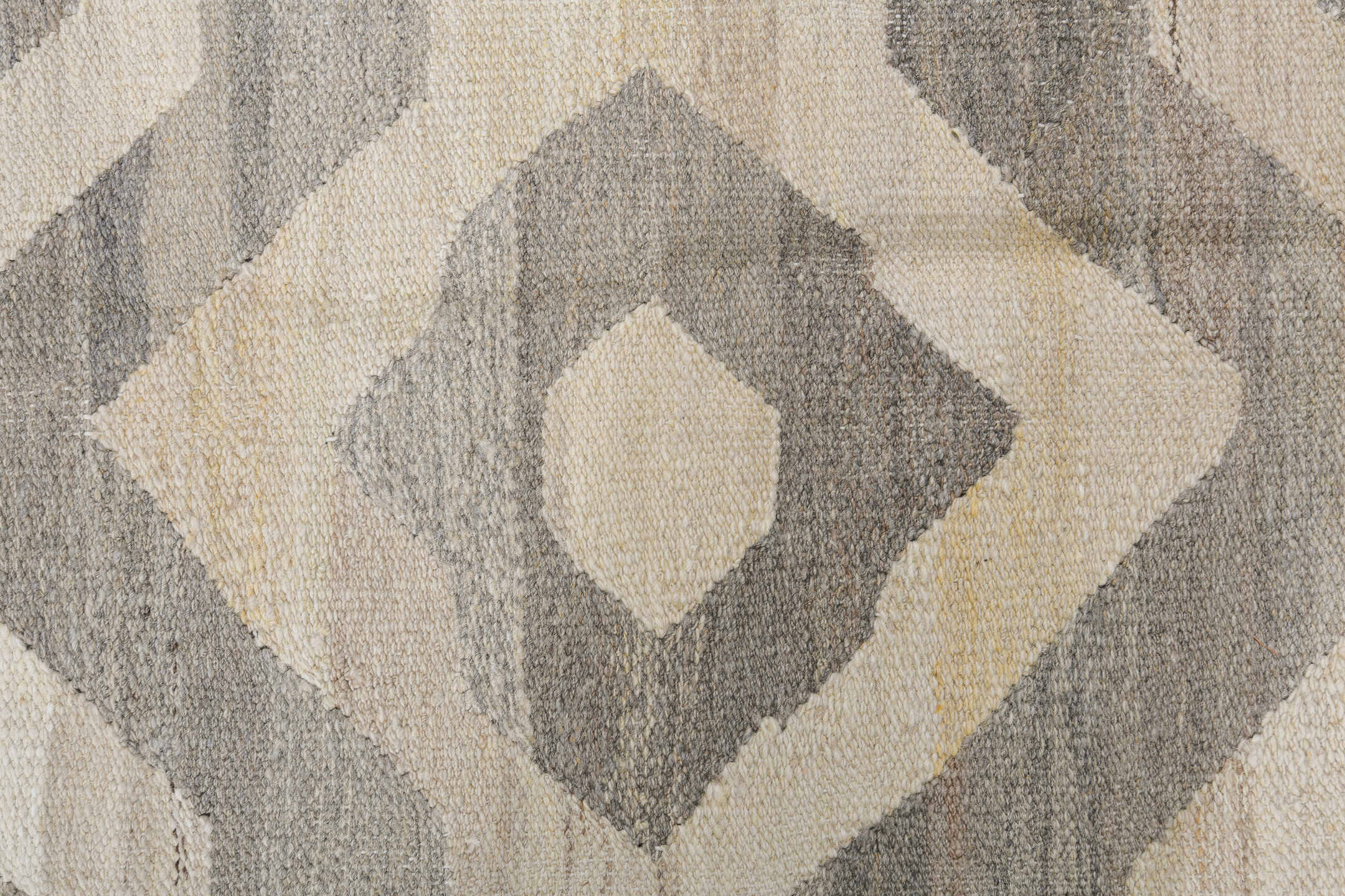 12' x 15' one-of-a-kind handmade vintage Kilim oversize rug. Color palette: dark gray, gray, light gray, off-white, silver
