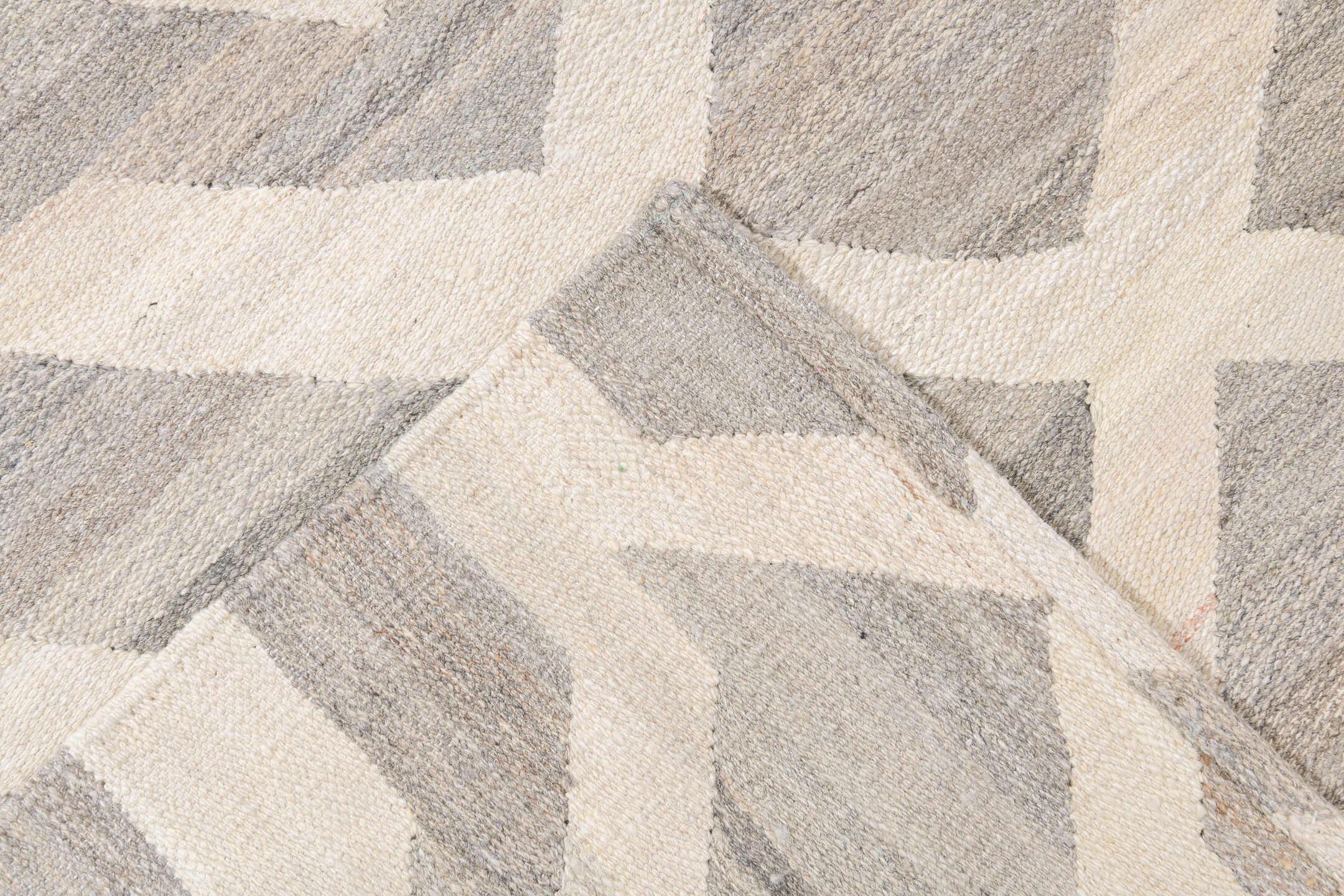 12' x 15' one-of-a-kind handmade vintage Kilim oversize rug. Color palette: dark gray, gray, light gray, off-white, silver